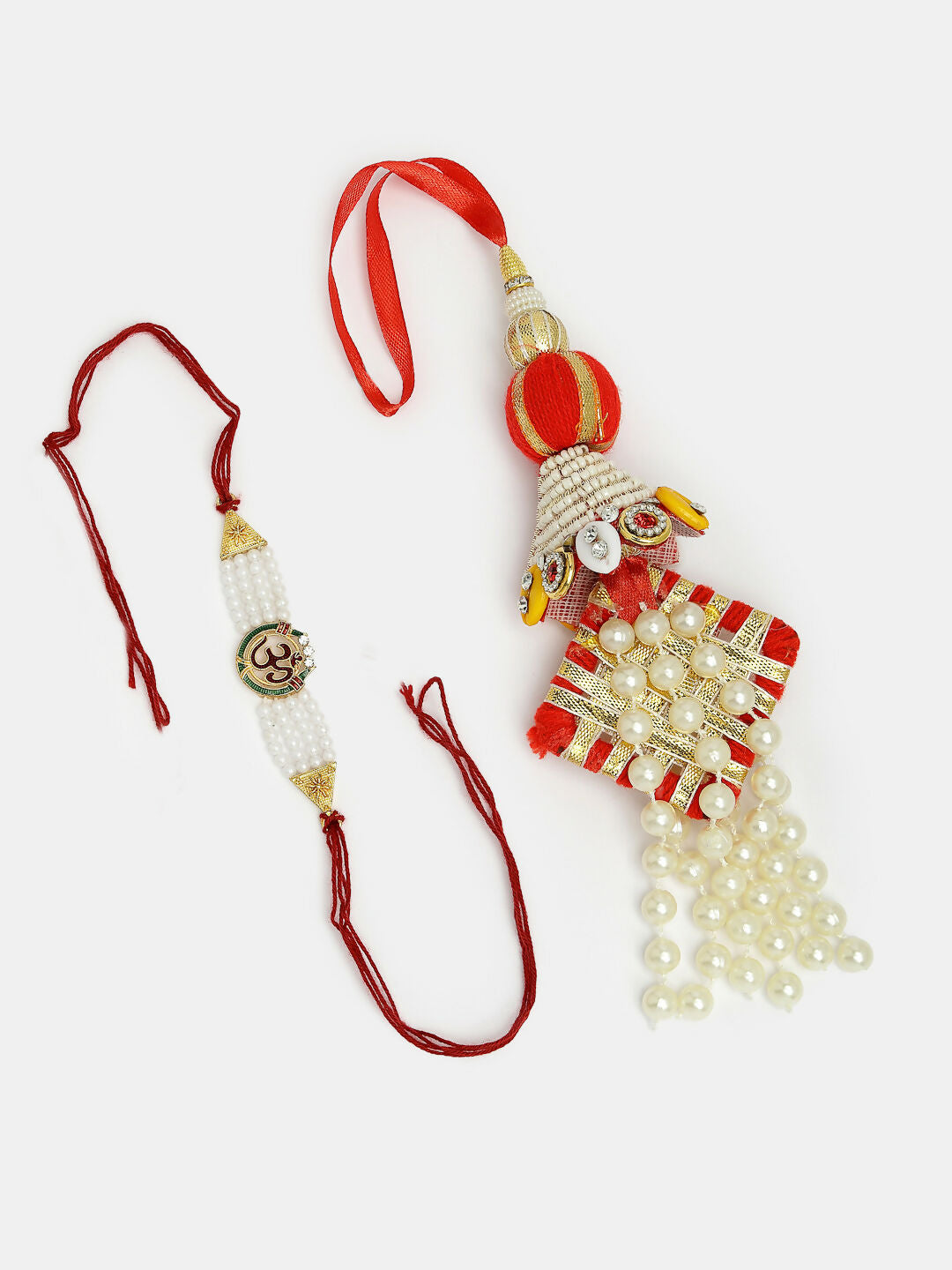 NVR Women & Men Set of 2 White Pearl Bhaiya Bhabhi Rakhi With Roli Chawal & Chocolate | Swadesiicart