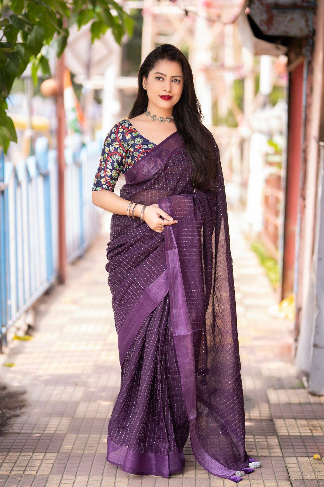 Purple Linen Sequence Saree with Unstitched Blouse - Hiral Fashion | Swadesiicart