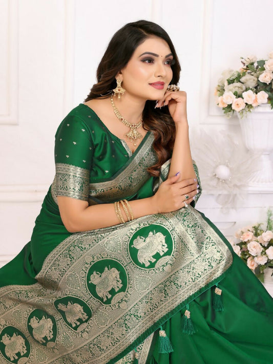 Anaita Dark Green Banarasi Silk With Beautiful Gala Weaving Saree With Blouse | Swadesiicart