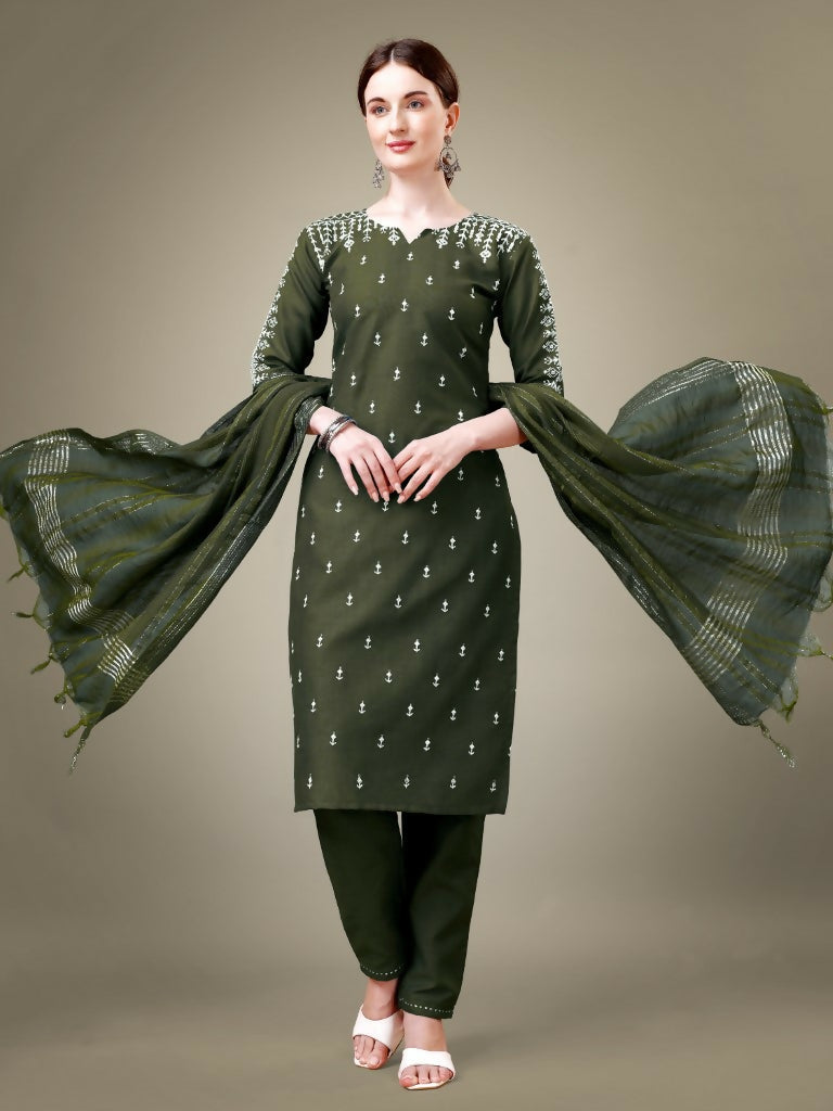 Jyoti Fashion Women's Dark Green Cotton Blend Embroidery & Sequence work Kurta with Trouser & Dupatta | Swadesiicart