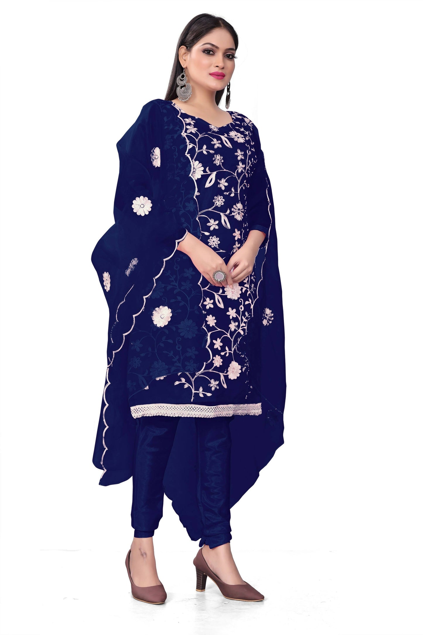 Blue Organza Silk Embroidered Work Unstitched Dress Material - Tanvi
