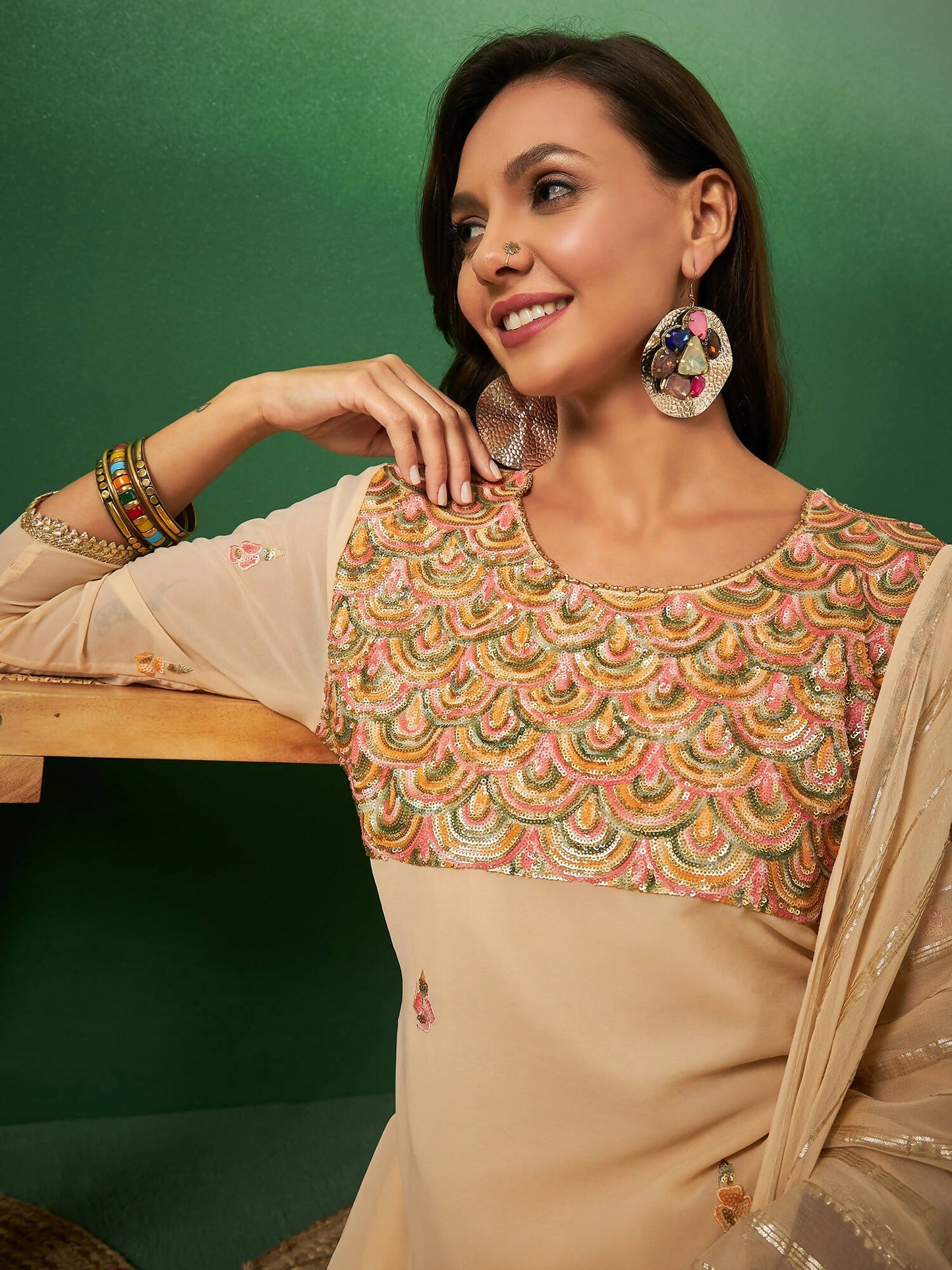 Light Orange Georgette Handwork Unstitched Dress Material - Hanika | Swadesiicart