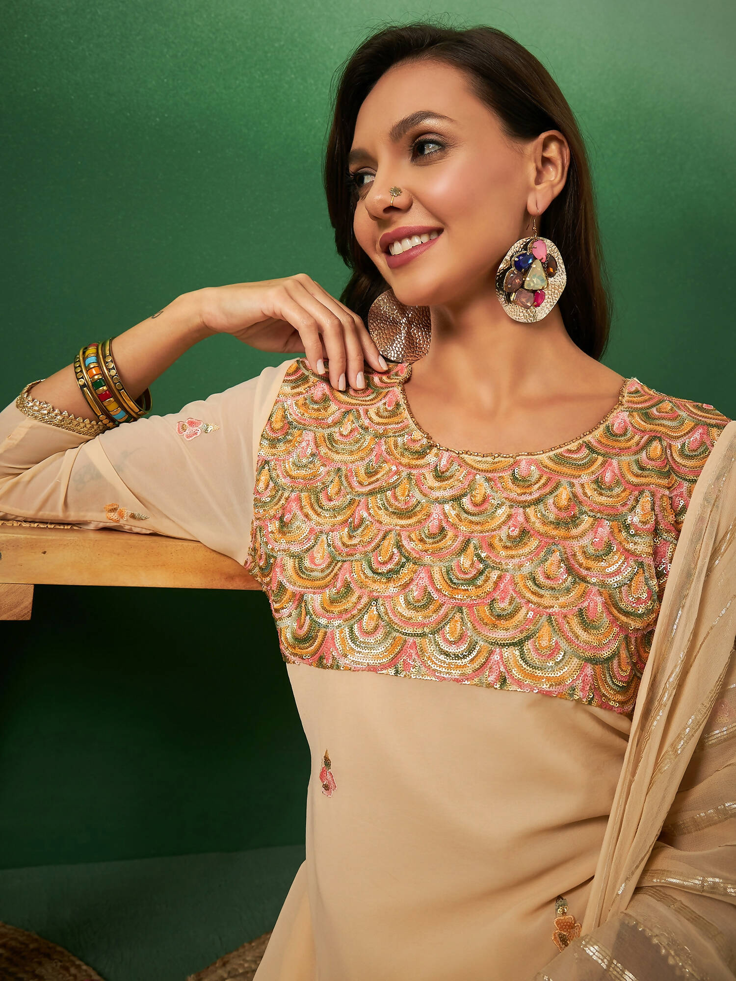 Light Orange Georgette Handwork Unstitched Dress Material - Hanika | Swadesiicart