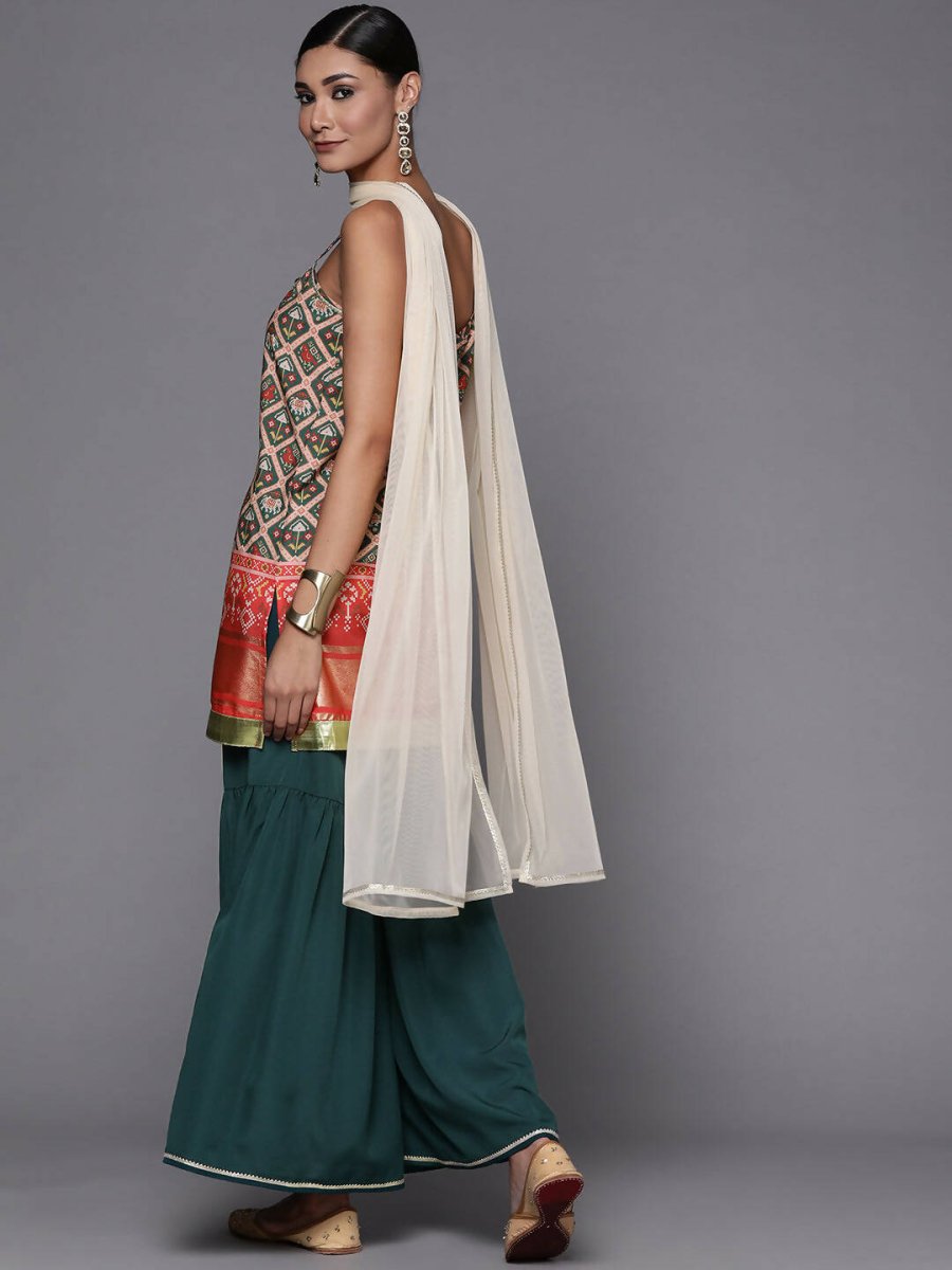 Ahalyaa Women Green & Red Ethnic Motifs Print Kurti with Sharara & Dupatta | Swadesiicart