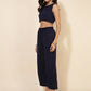 Janasya Women's Dark Blue Crepe Foil Printed Festive Crop Top Set | Swadesiicart