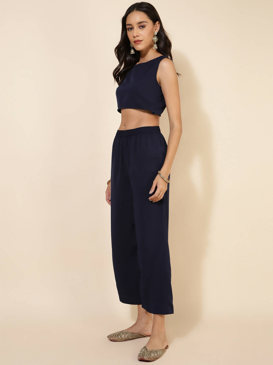 Janasya Women's Dark Blue Crepe Foil Printed Festive Crop Top Set | Swadesiicart