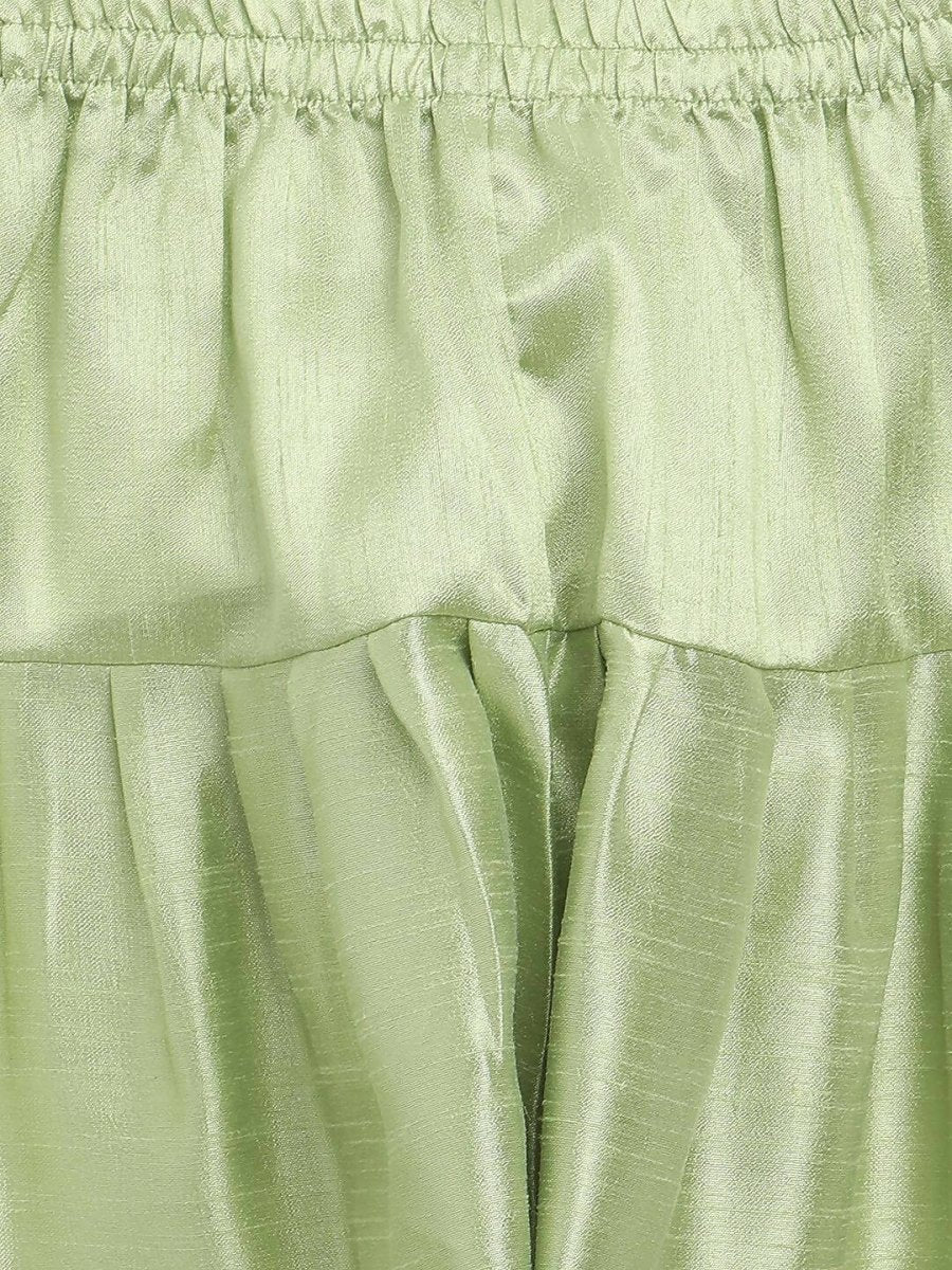 Ahalyaa Green Poly Silk Gold Print Kids Kurta Churidar Set For Boys | Swadesiicart