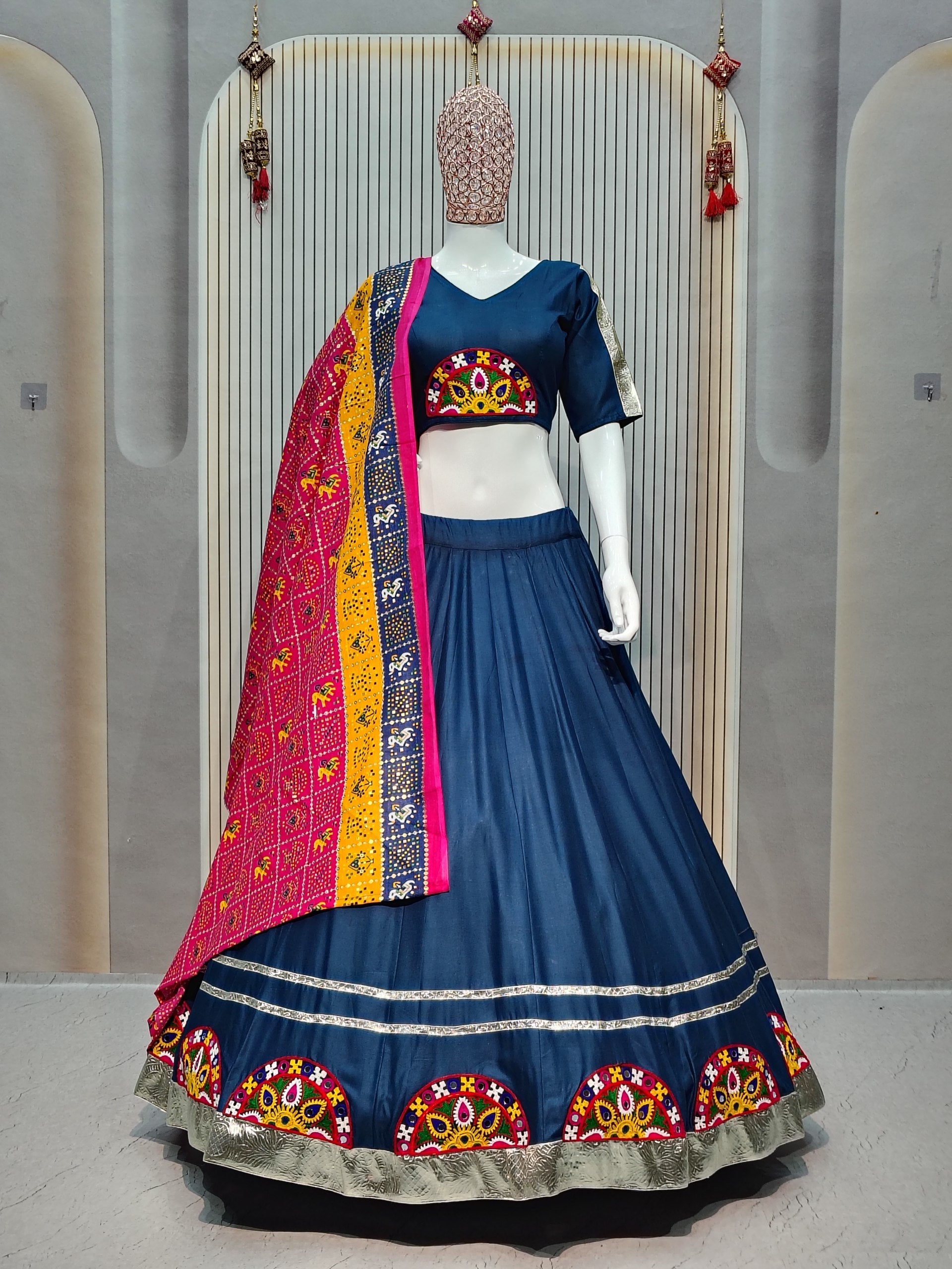 DEIANA'S Gota Patch Gamthi Work Lace Lehenga Choli - Navy Blue - Swadesiicart