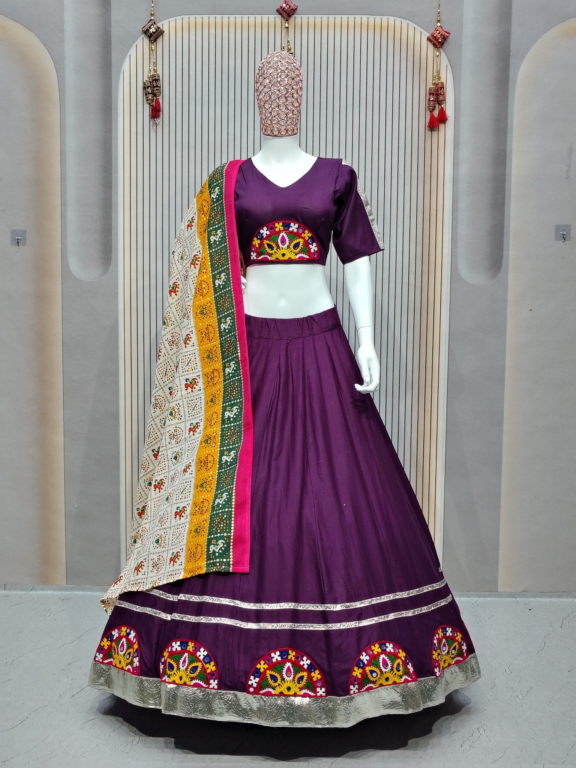 DEIANA'S Gota Patch Gamthi Work Lace Lehenga Choli - Wine - Swadesiicart