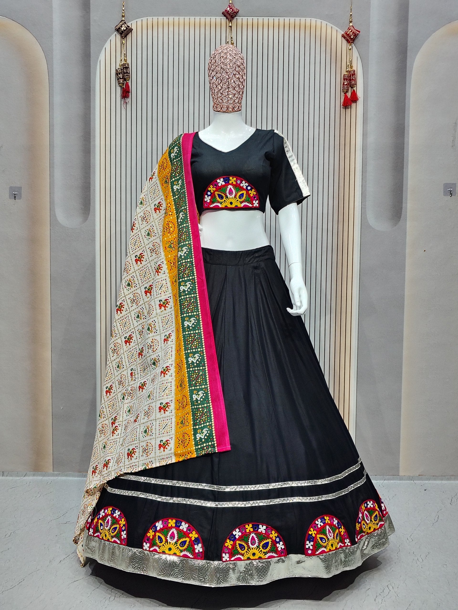 DEIANA'S Gota Patch Gamthi Work Lace Lehenga Choli - Black - Swadesiicart