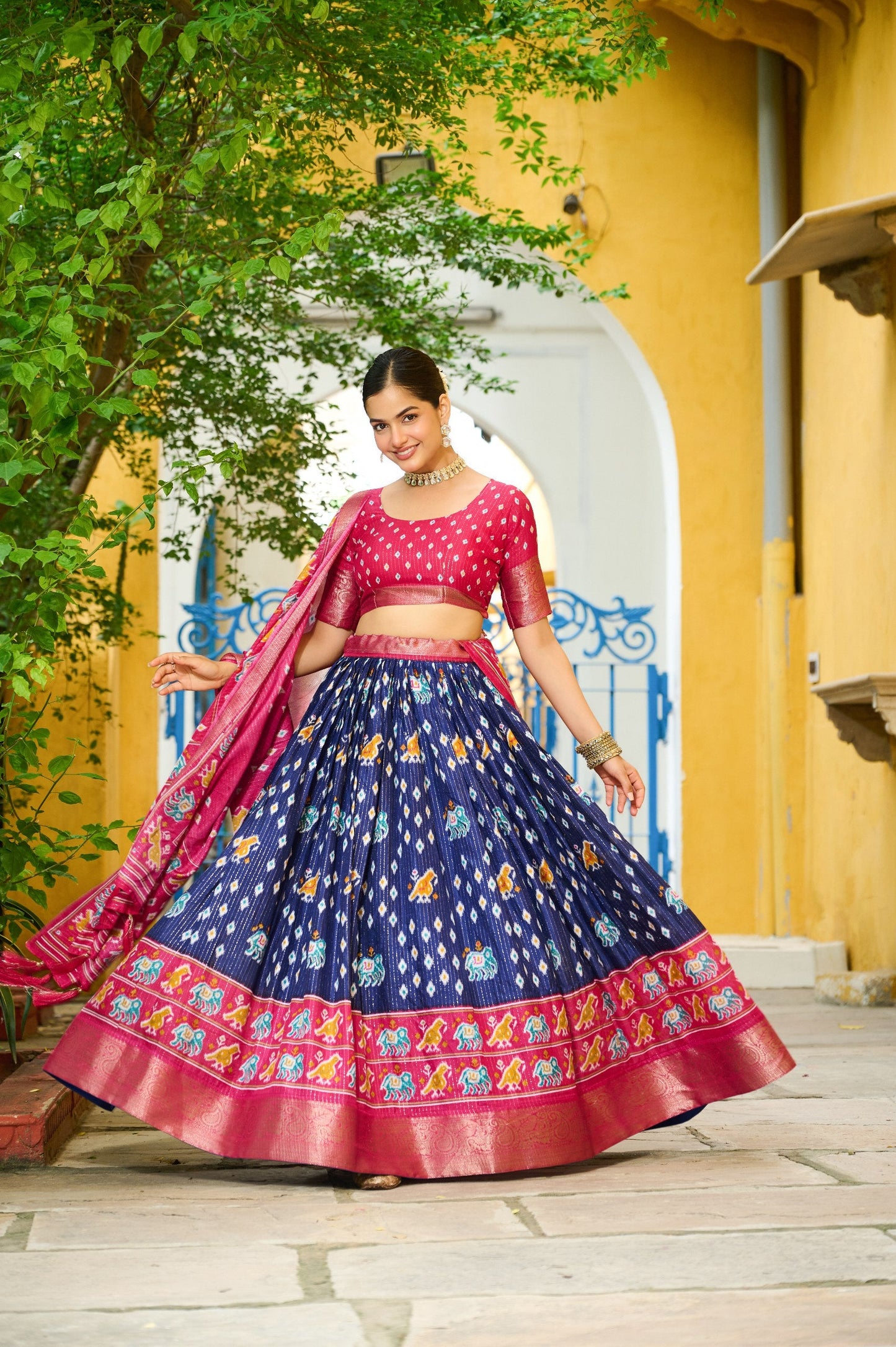 DEIANA'S Jacquard With Jari Lining With Print Lehenga Choli - Navy Blue - Swadesiicart