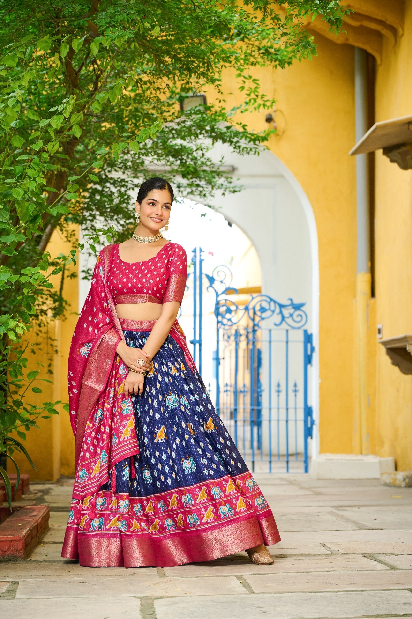 DEIANA'S Jacquard With Jari Lining With Print Lehenga Choli - Navy Blue - Swadesiicart