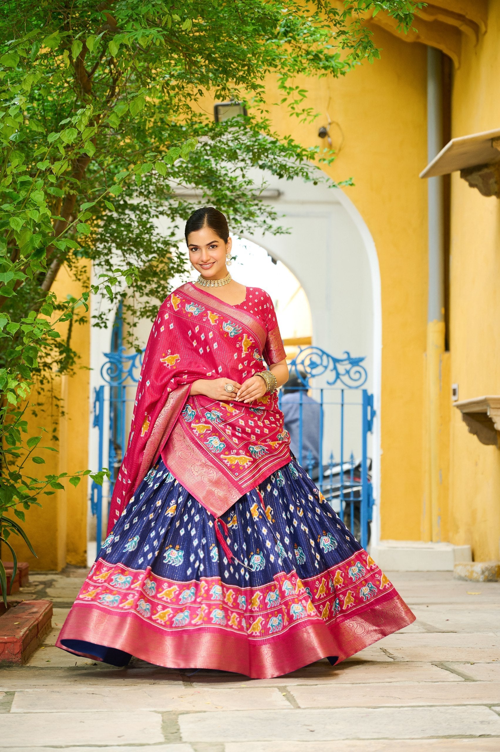 DEIANA'S Jacquard With Jari Lining With Print Lehenga Choli - Navy Blue - Swadesiicart