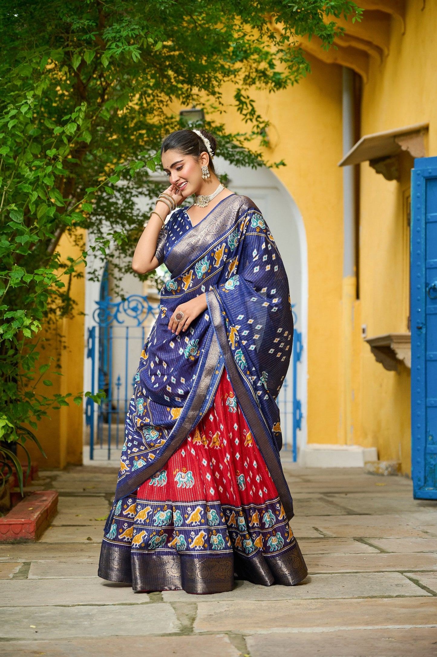 DEIANA'S Jacquard With Jari Lining With Print Lehenga Choli - Red - Swadesiicart