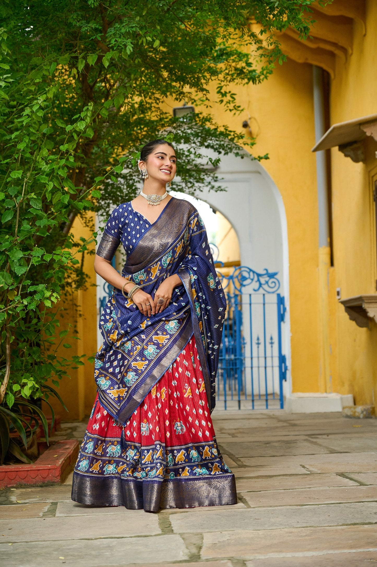 DEIANA'S Jacquard With Jari Lining With Print Lehenga Choli - Red - Swadesiicart