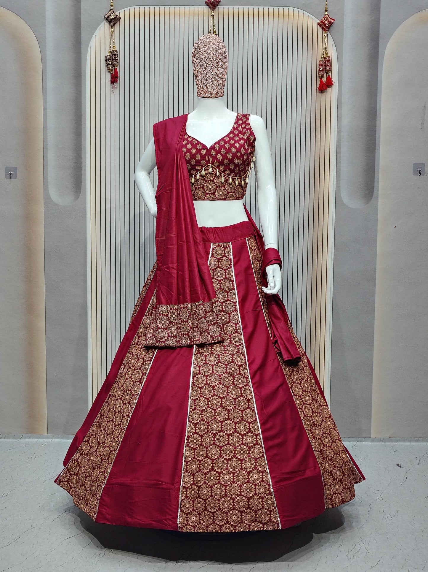 DEIANA'S Ajarak Print With Kali Pattern Lehenga Choli - Wine - Swadesiicart