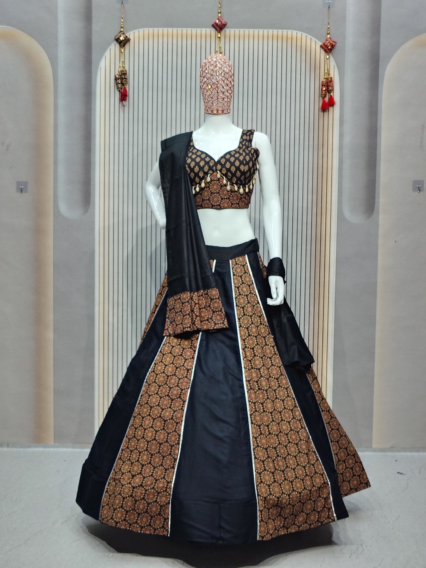 DEIANA'S Ajarak Print With Kali Pattern Lehenga Choli - Black - Swadesiicart