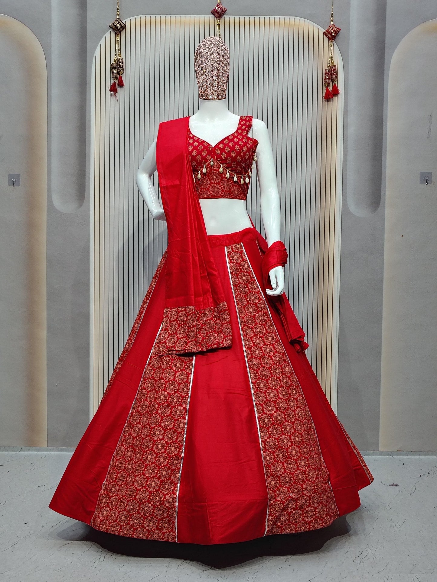 DEIANA'S Ajarak Print With Kali Pattern Lehenga Choli - Red - Swadesiicart