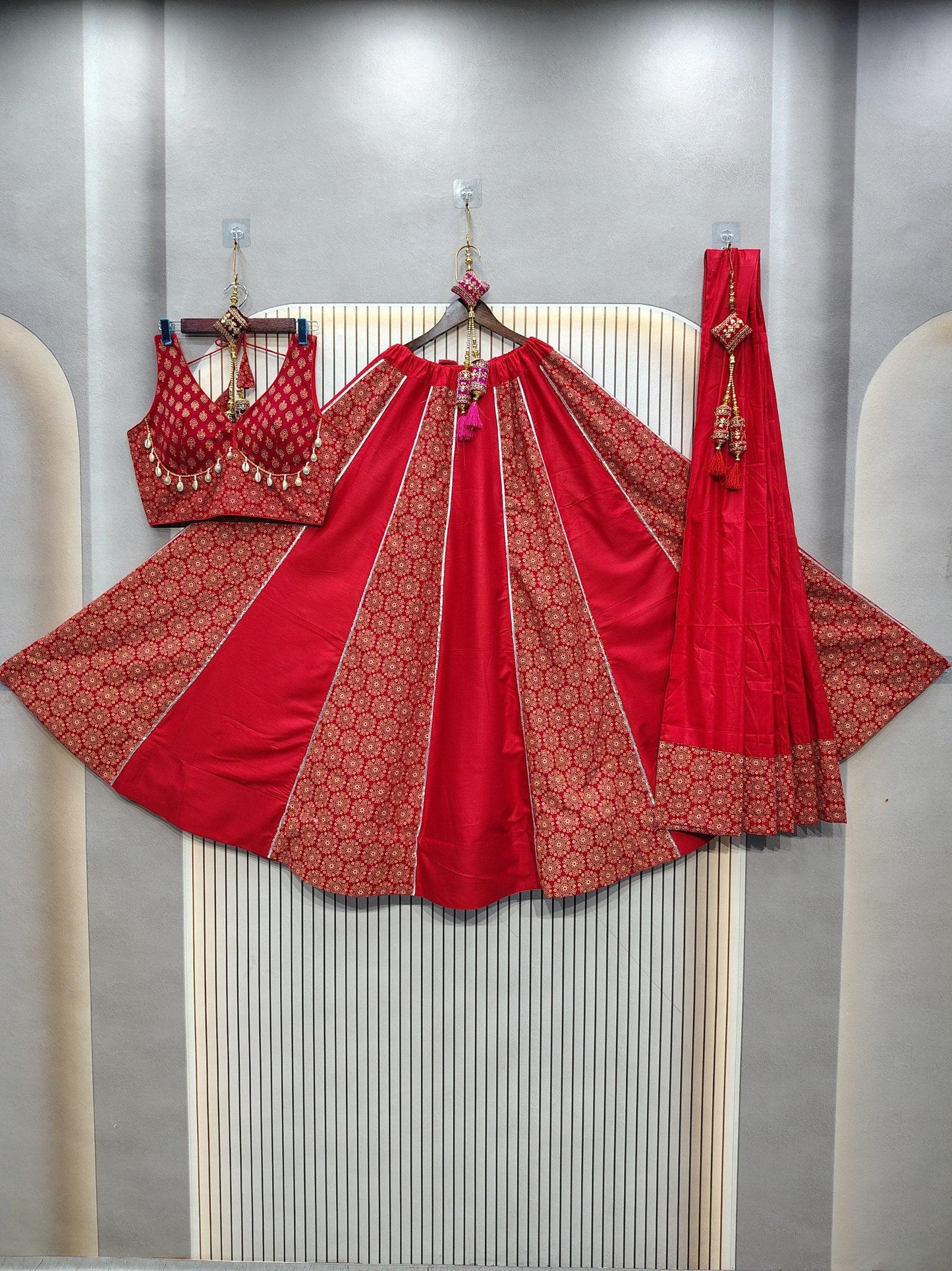 DEIANA'S Ajarak Print With Kali Pattern Lehenga Choli - Red - Swadesiicart