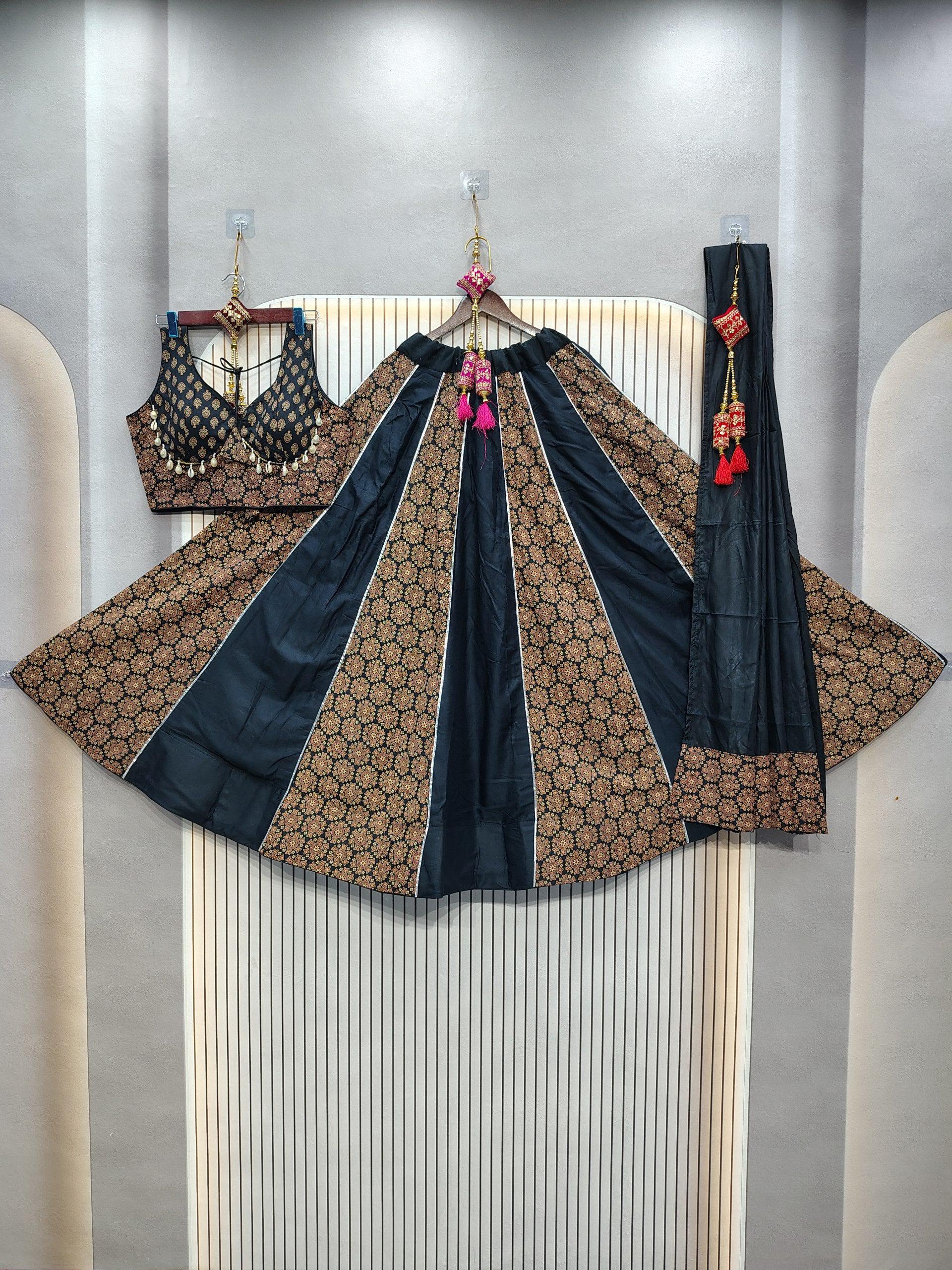 DEIANA'S Ajarak Print With Kali Pattern Lehenga Choli - Black - Swadesiicart