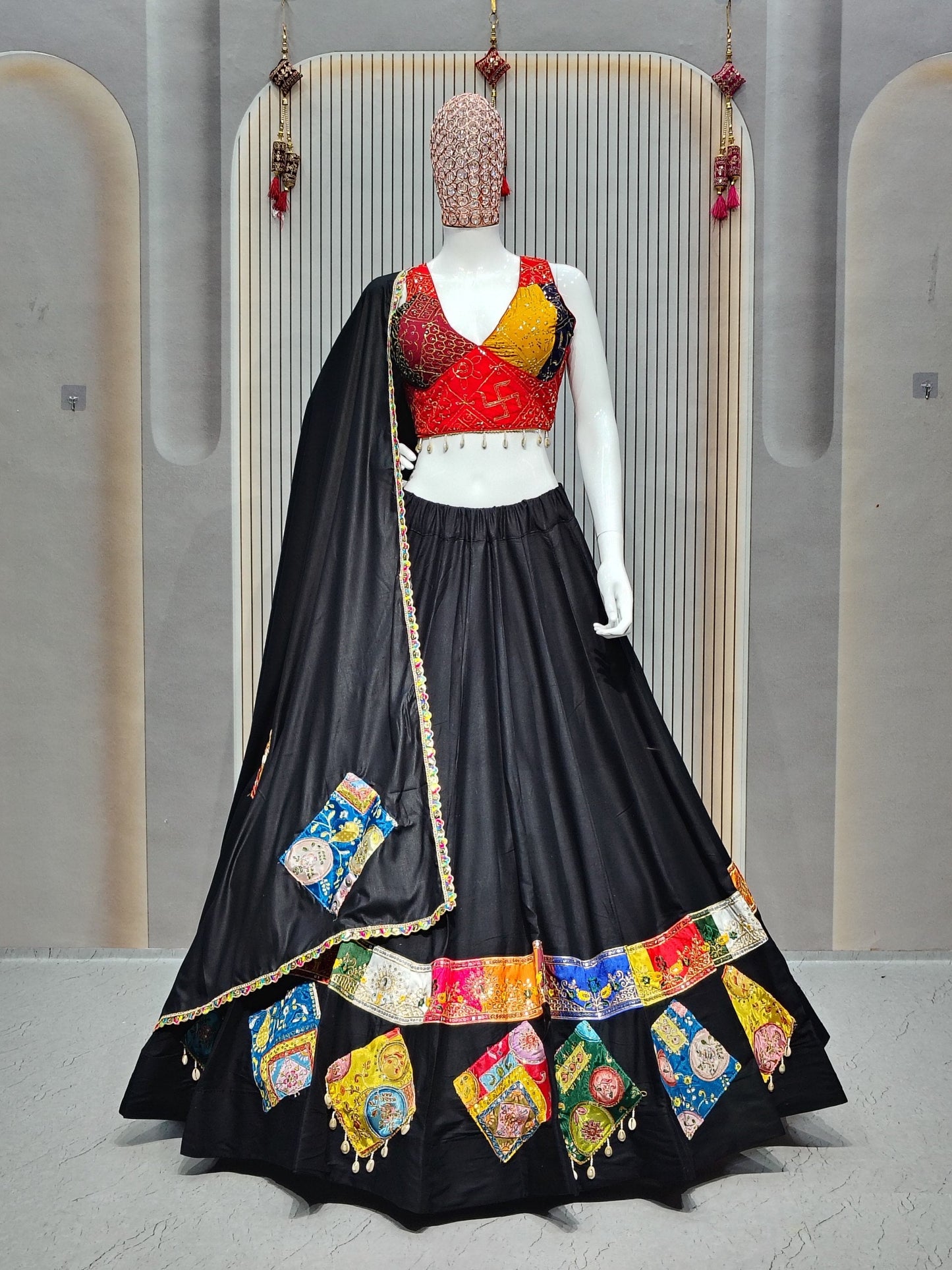 DEIANA'S Gamthi Patch With Handmade Kodi Lace Lehenga Choli - Black - Swadesiicart