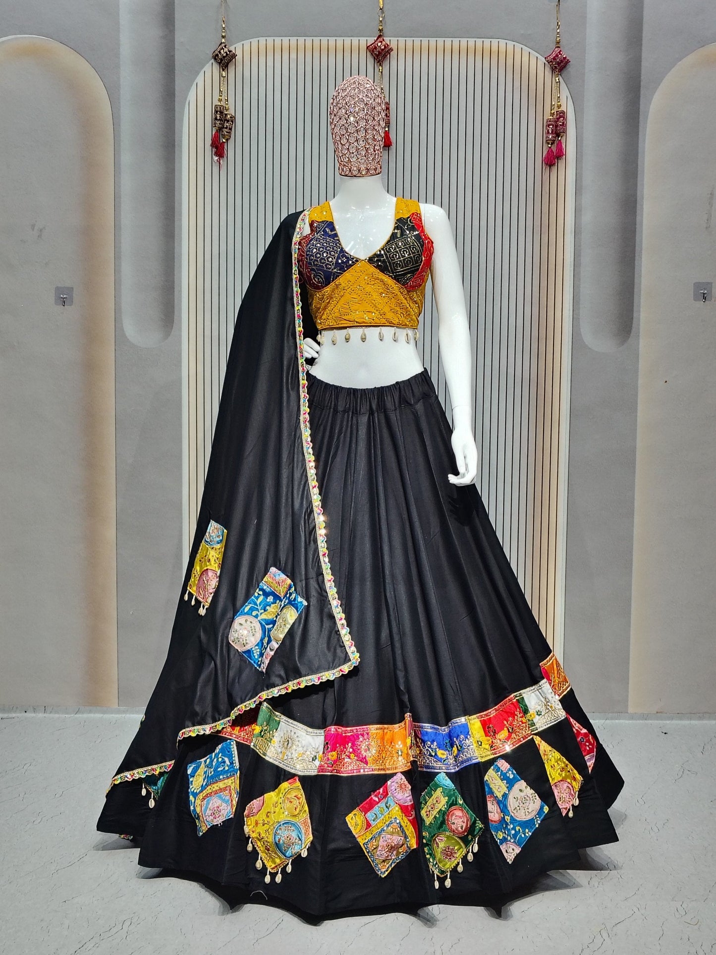 DEIANA'S Gamthi Patch With Handmade Kodi Lace Lehenga Choli - Black - Swadesiicart