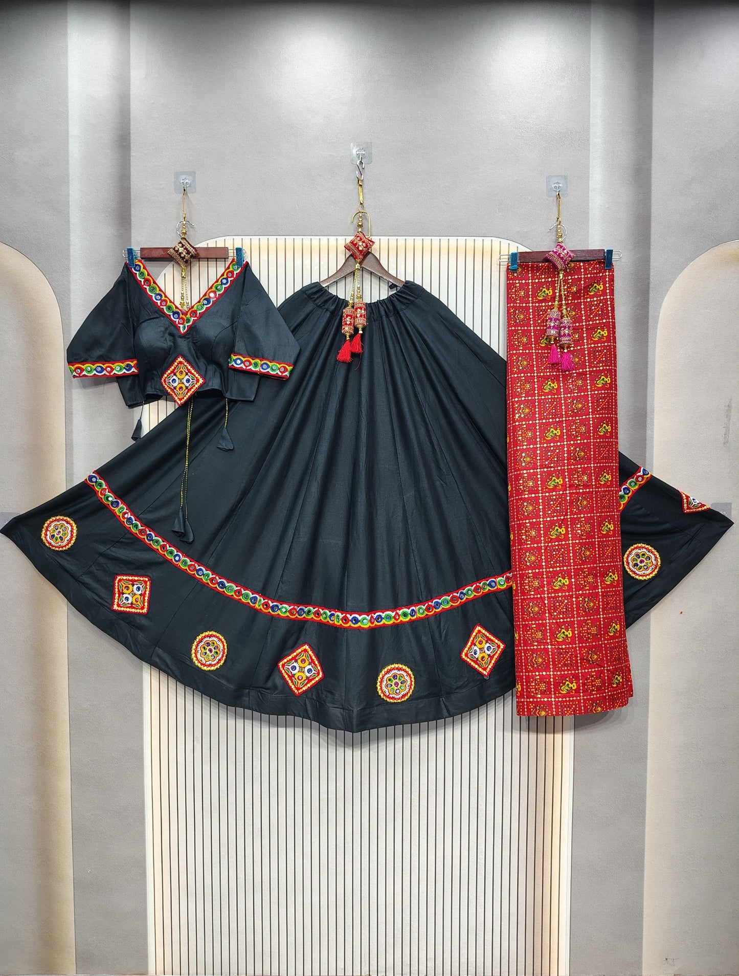 DEIANA'S Gota Patch Gamthi Work Lace Lehenga Choli - Black - Swadesiicart