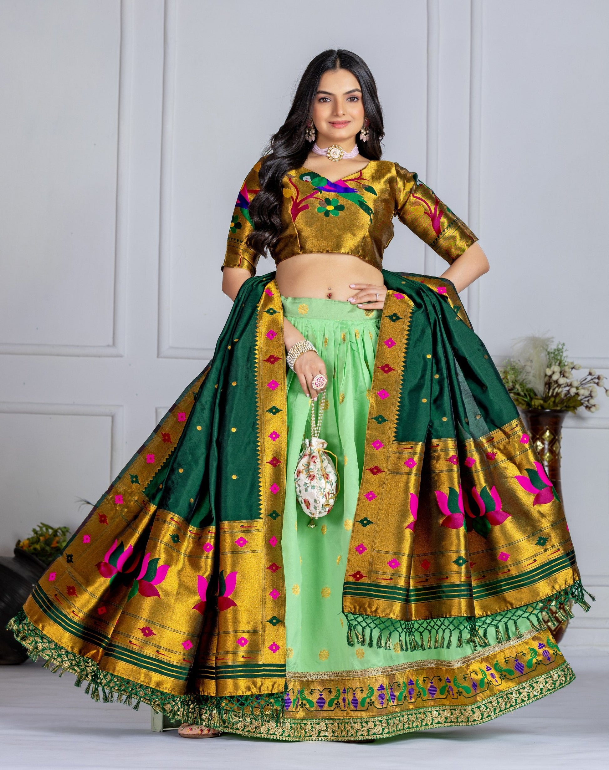 DEIANA'S Jacquard With Jari Print Weaving Lehenga Choli - Pista - Swadesiicart
