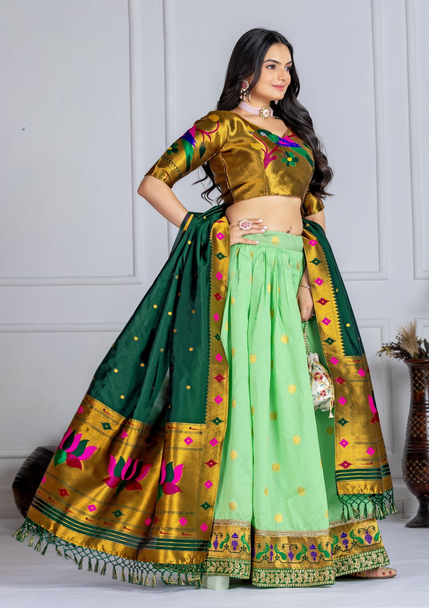 DEIANA'S Jacquard With Jari Print Weaving Lehenga Choli - Pista - Swadesiicart