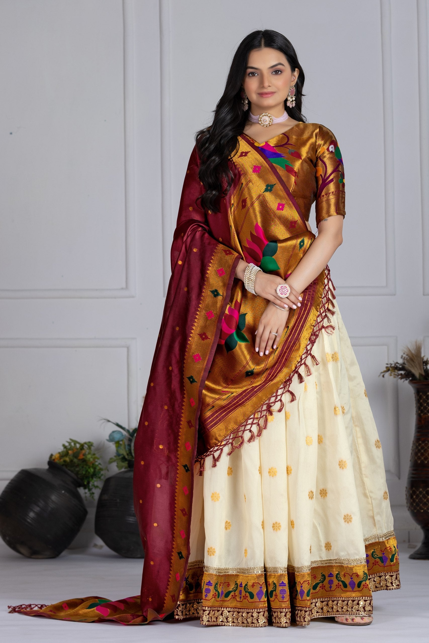 DEIANA'S Jacquard With Jari Print Weaving Lehenga Choli - Off White - Swadesiicart