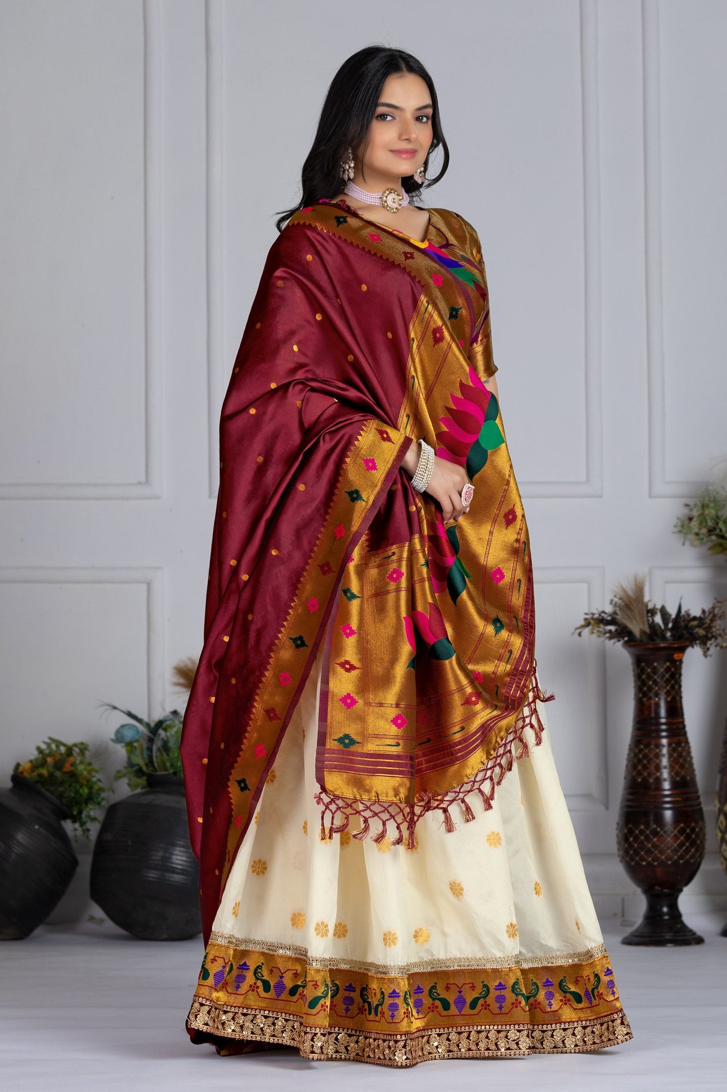 DEIANA'S Jacquard With Jari Print Weaving Lehenga Choli - Off White - Swadesiicart