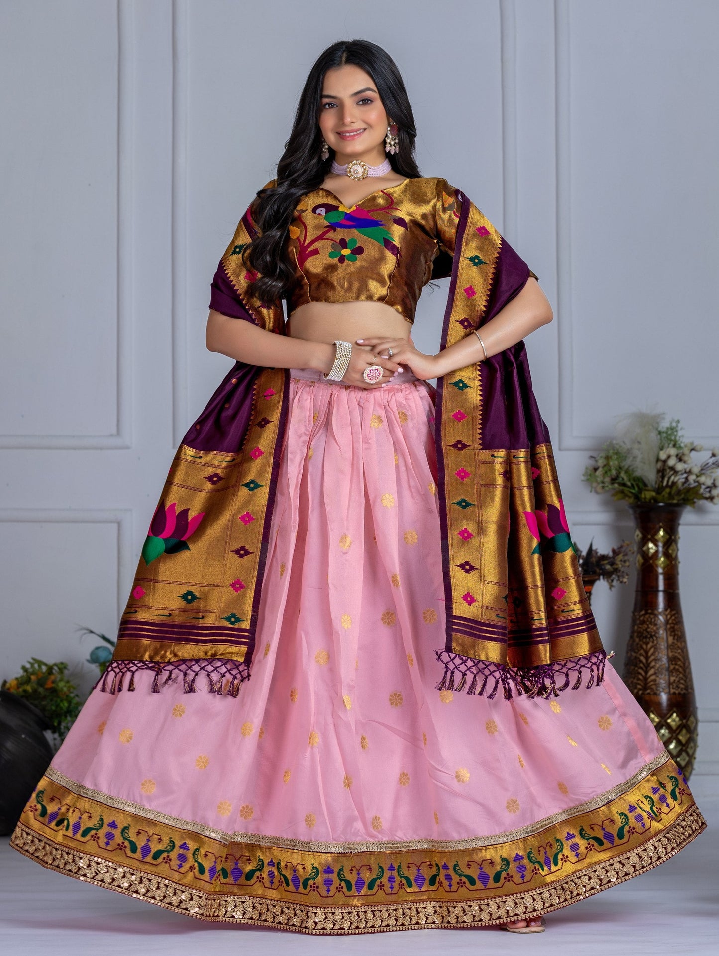 DEIANA'S Jacquard With Jari Print Weaving Lehenga Choli - Pink - Swadesiicart
