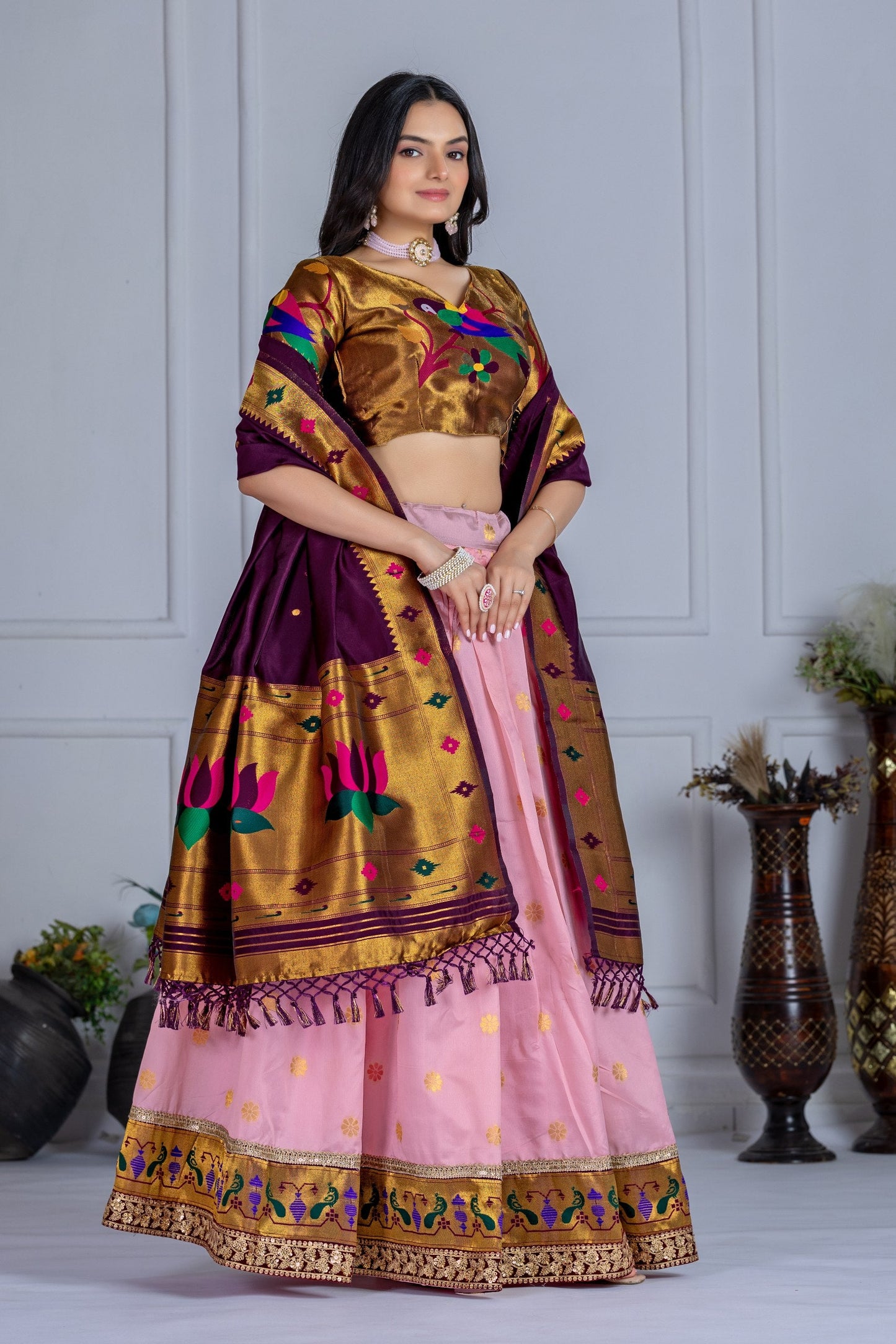 DEIANA'S Jacquard With Jari Print Weaving Lehenga Choli - Pink - Swadesiicart