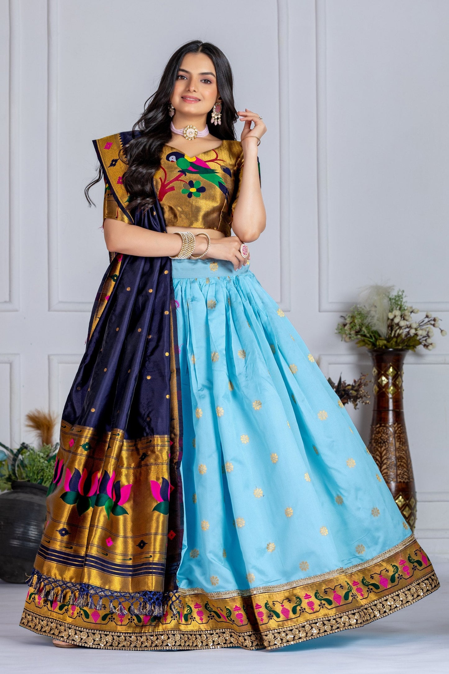 DEIANA'S Jacquard With Jari Print Weaving Lehenga Choli - Sky Blue - Swadesiicart