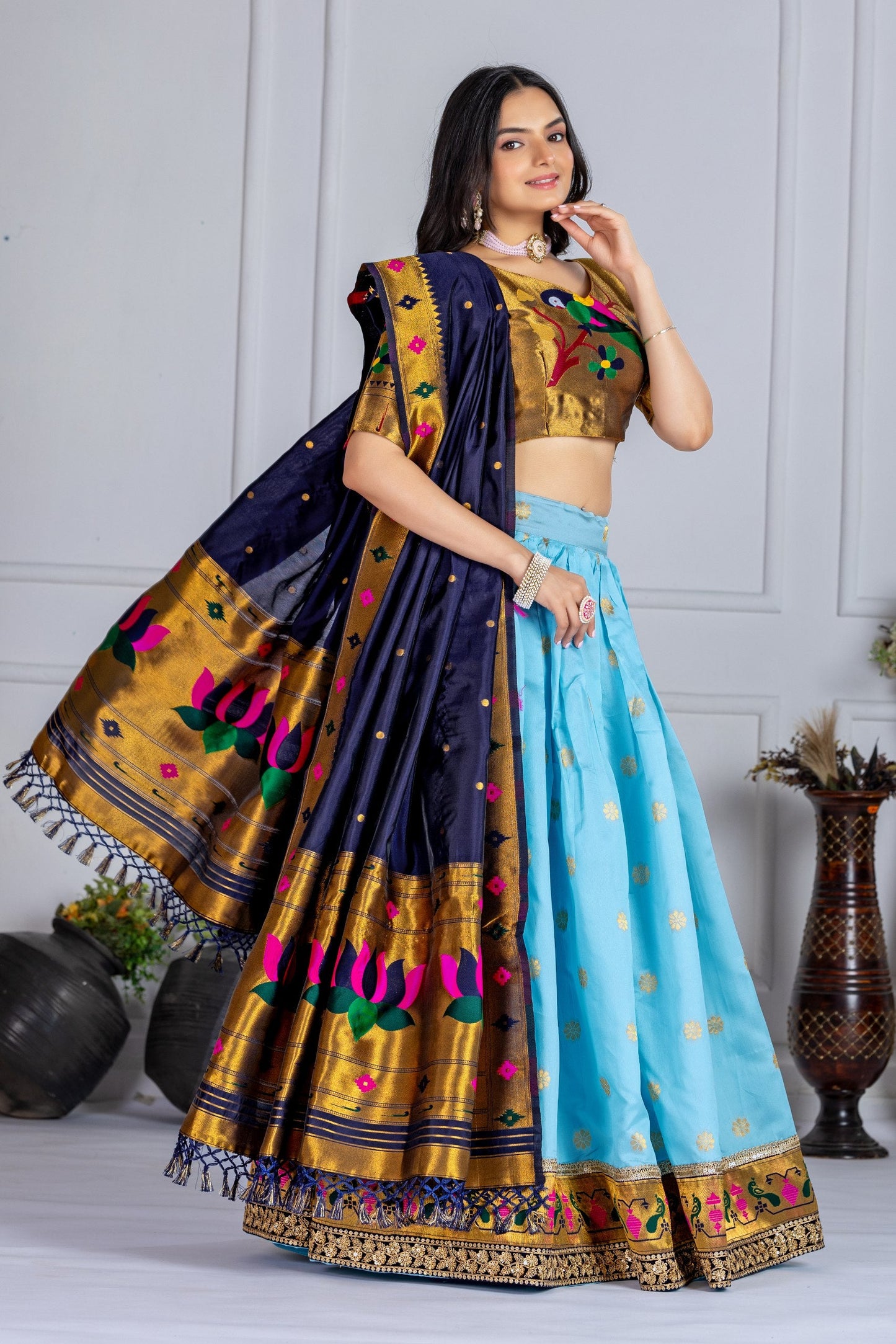 DEIANA'S Jacquard With Jari Print Weaving Lehenga Choli - Sky Blue - Swadesiicart