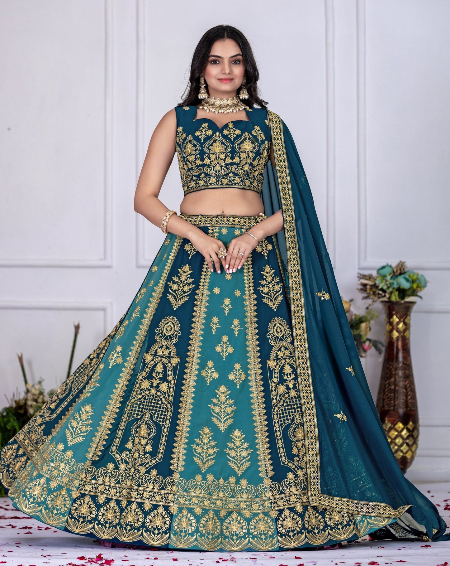 DEIANA'S Heavy Plain with crease work Lehenga Choli - Rama - Swadesiicart