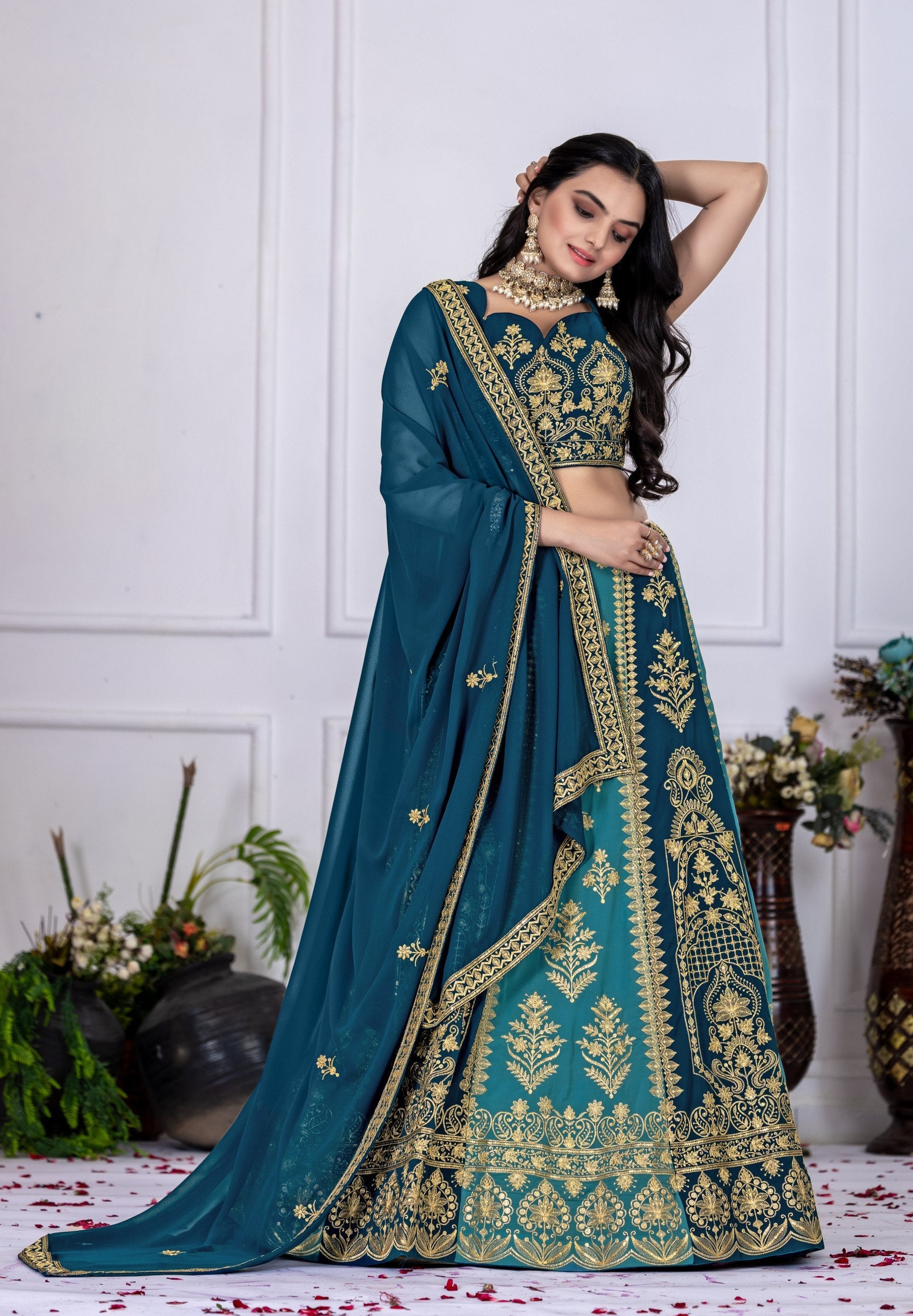 DEIANA'S Heavy Plain with crease work Lehenga Choli - Rama - Swadesiicart