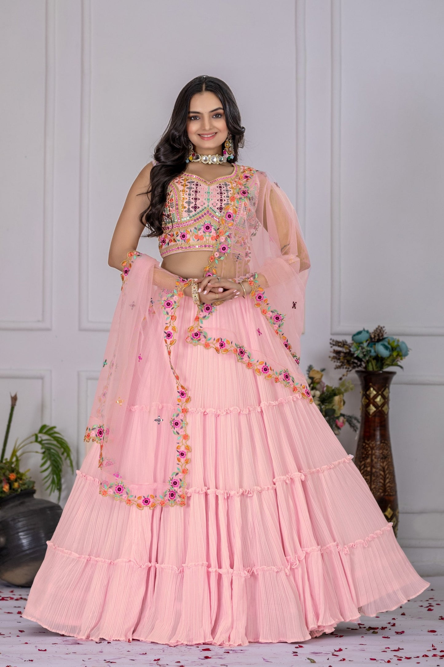 DEIANA'S Heavy Plain with crease work Lehenga Choli - Pink - Swadesiicart