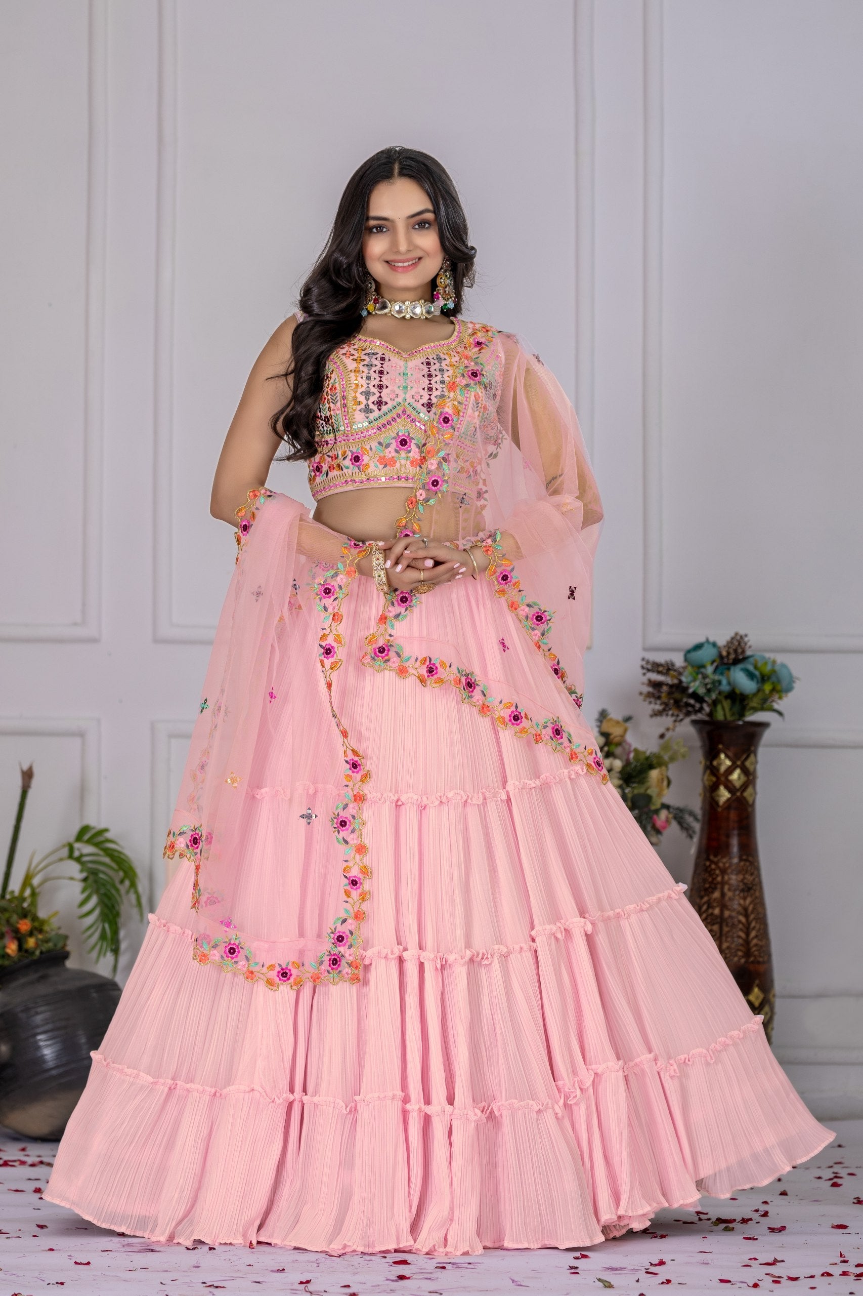 DEIANA'S Heavy Plain with crease work Lehenga Choli - Pink - Swadesiicart