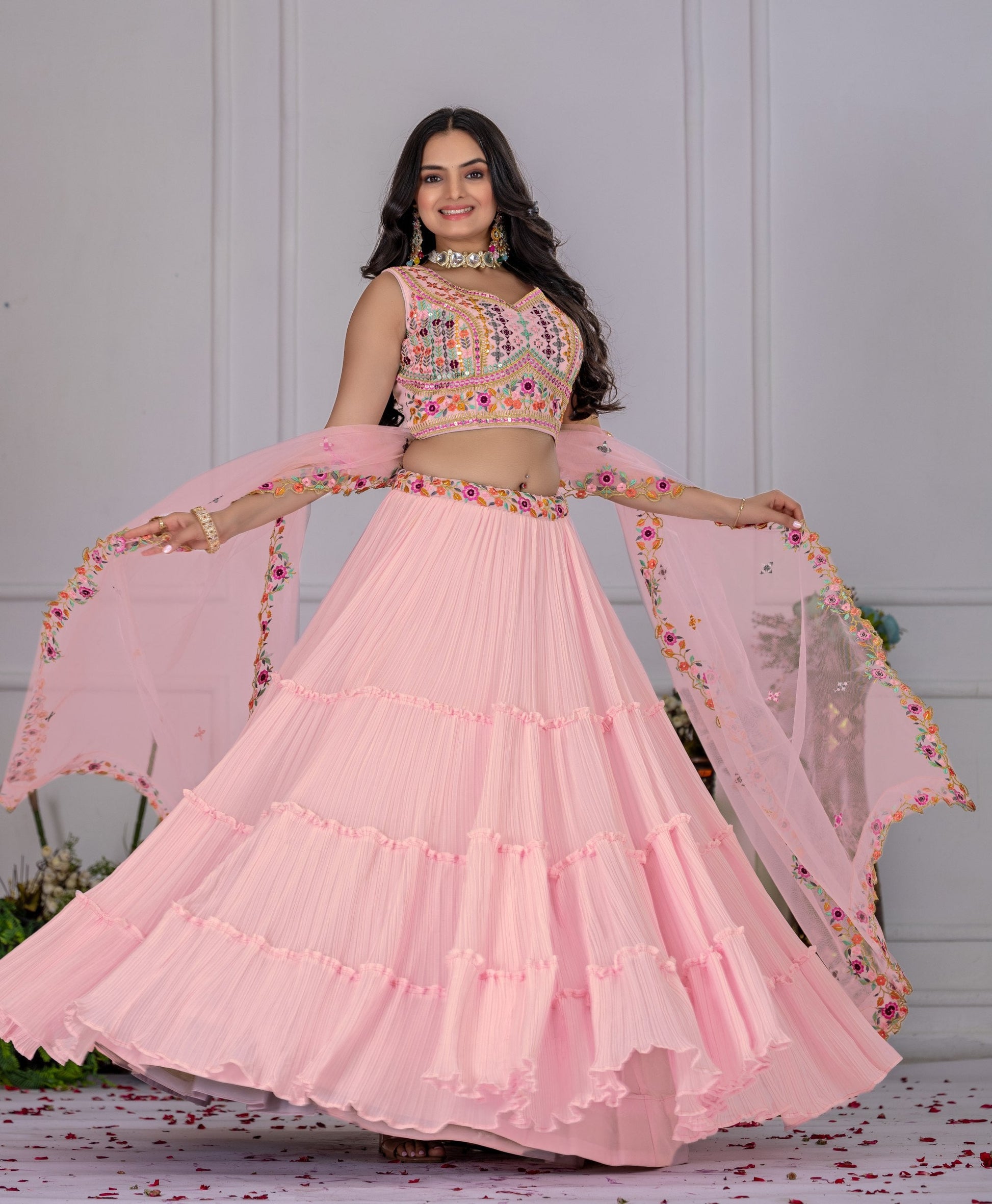 DEIANA'S Heavy Plain with crease work Lehenga Choli - Pink - Swadesiicart