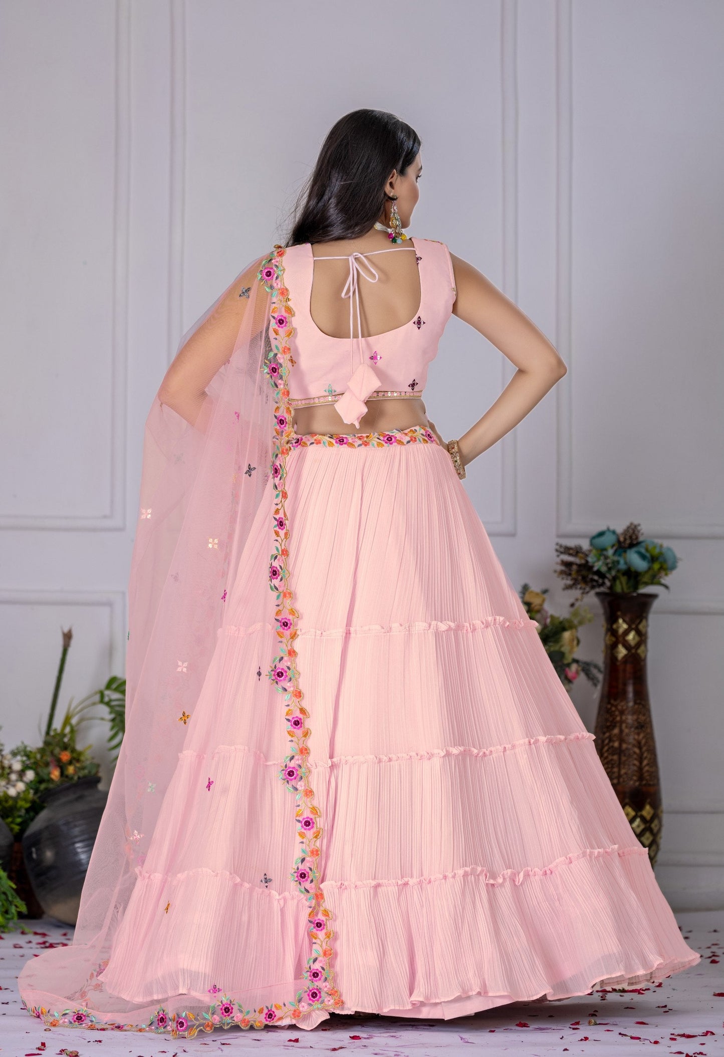 DEIANA'S Heavy Plain with crease work Lehenga Choli - Pink - Swadesiicart