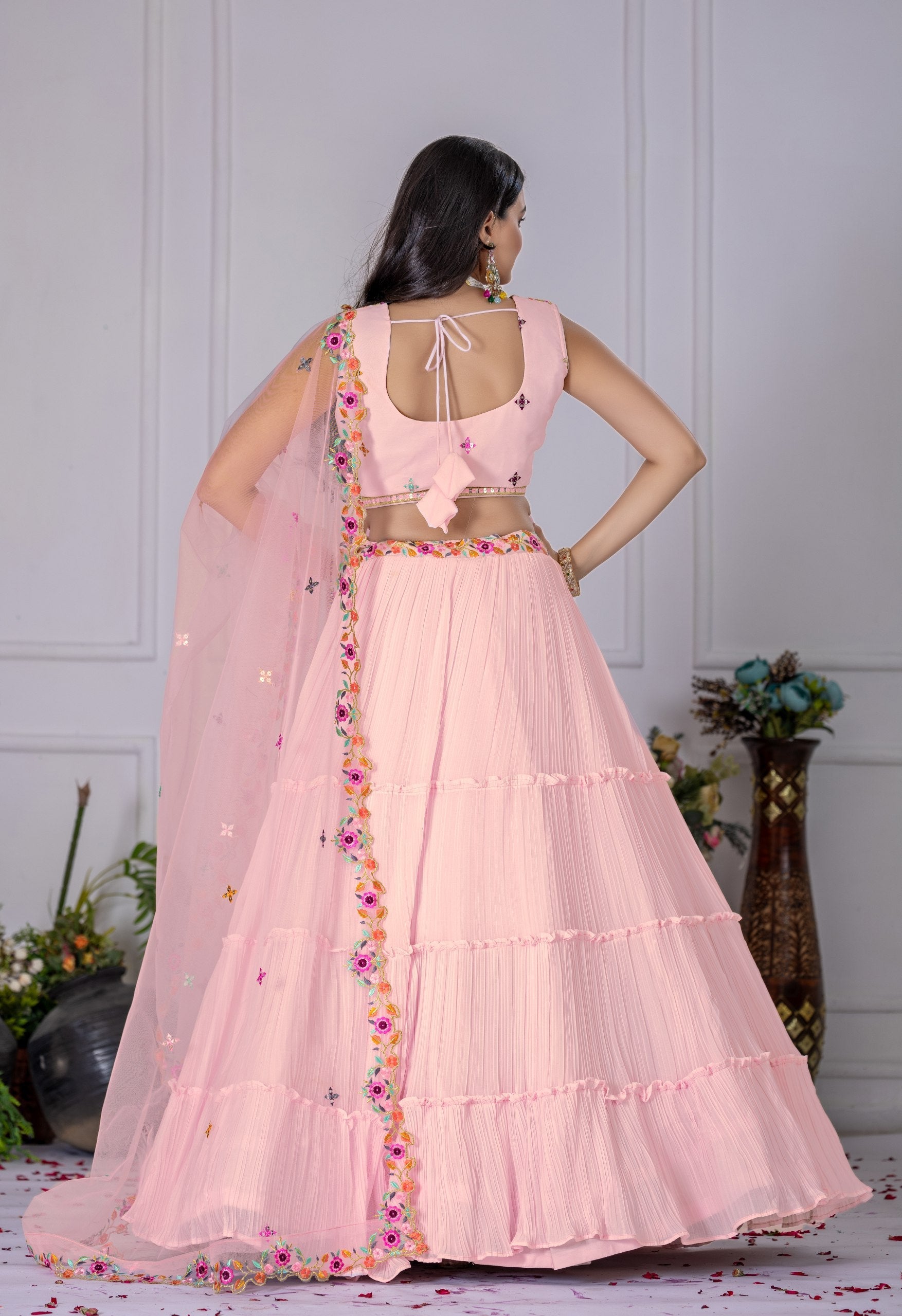 DEIANA'S Heavy Plain with crease work Lehenga Choli - Pink - Swadesiicart