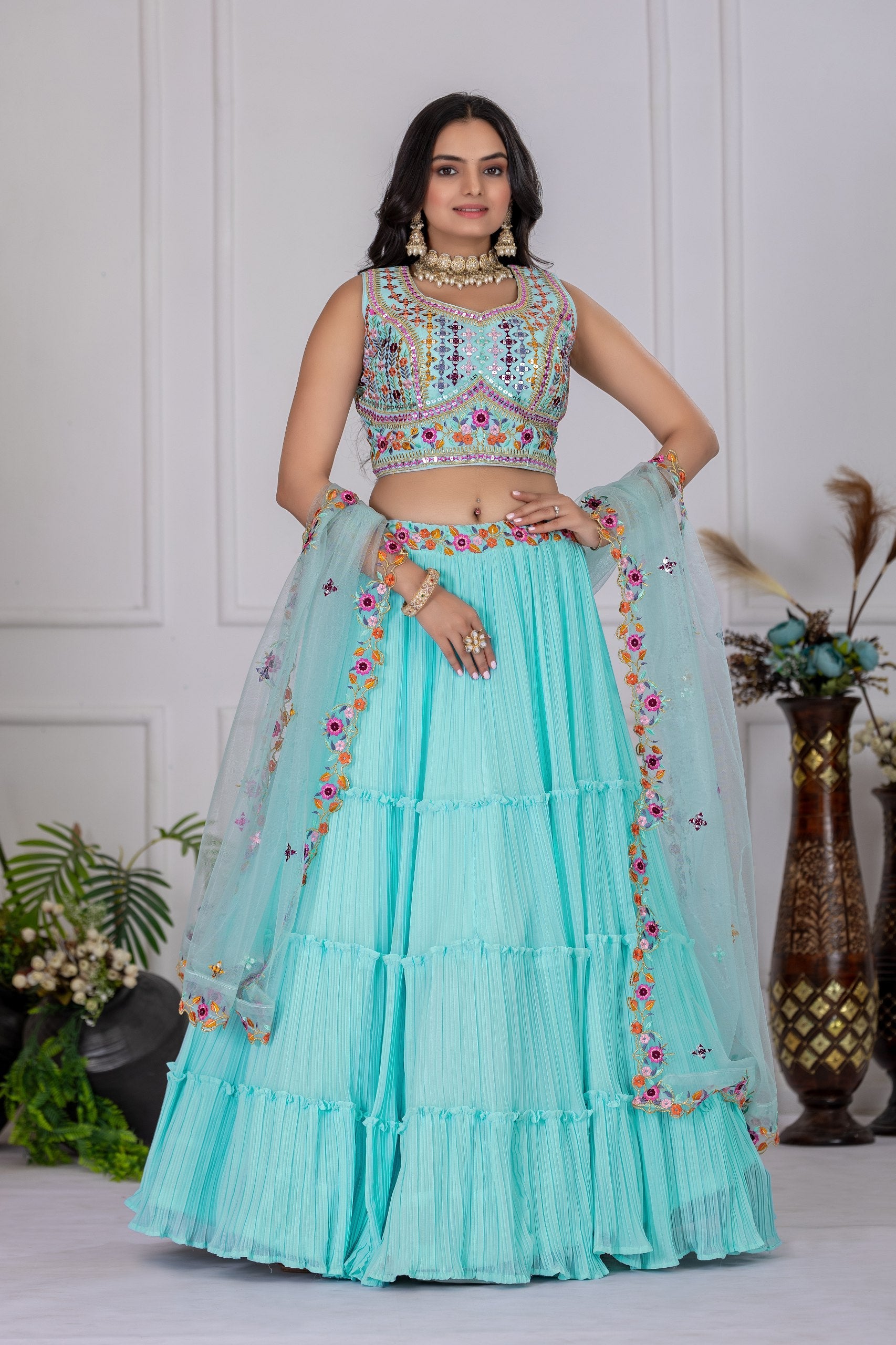 DEIANA'S Heavy Plain with crease work Lehenga Choli - Sky Blue - Swadesiicart