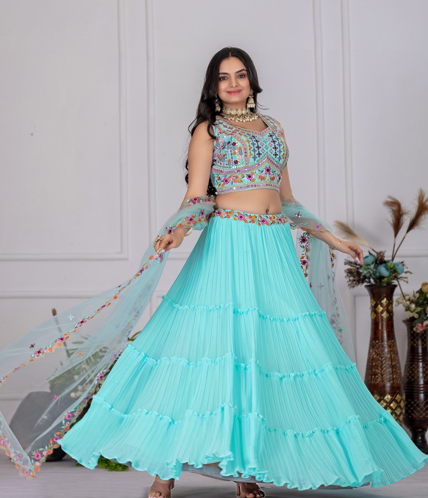 DEIANA'S Heavy Plain with crease work Lehenga Choli - Sky Blue - Swadesiicart