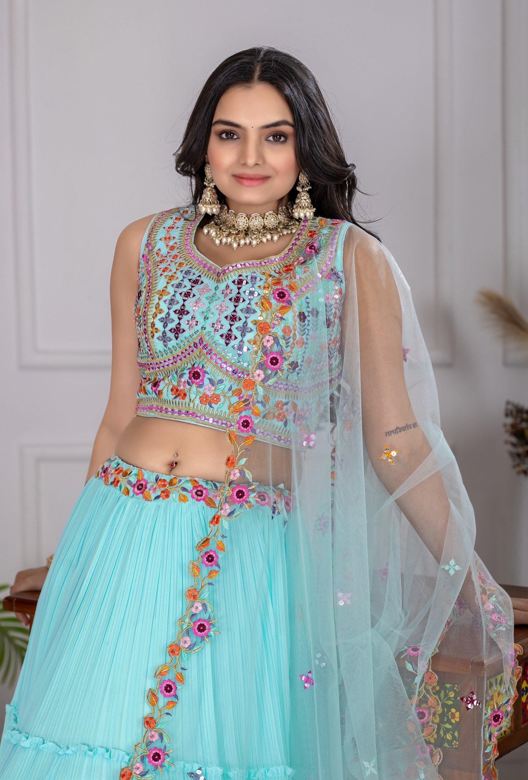DEIANA'S Heavy Plain with crease work Lehenga Choli - Sky Blue - Swadesiicart