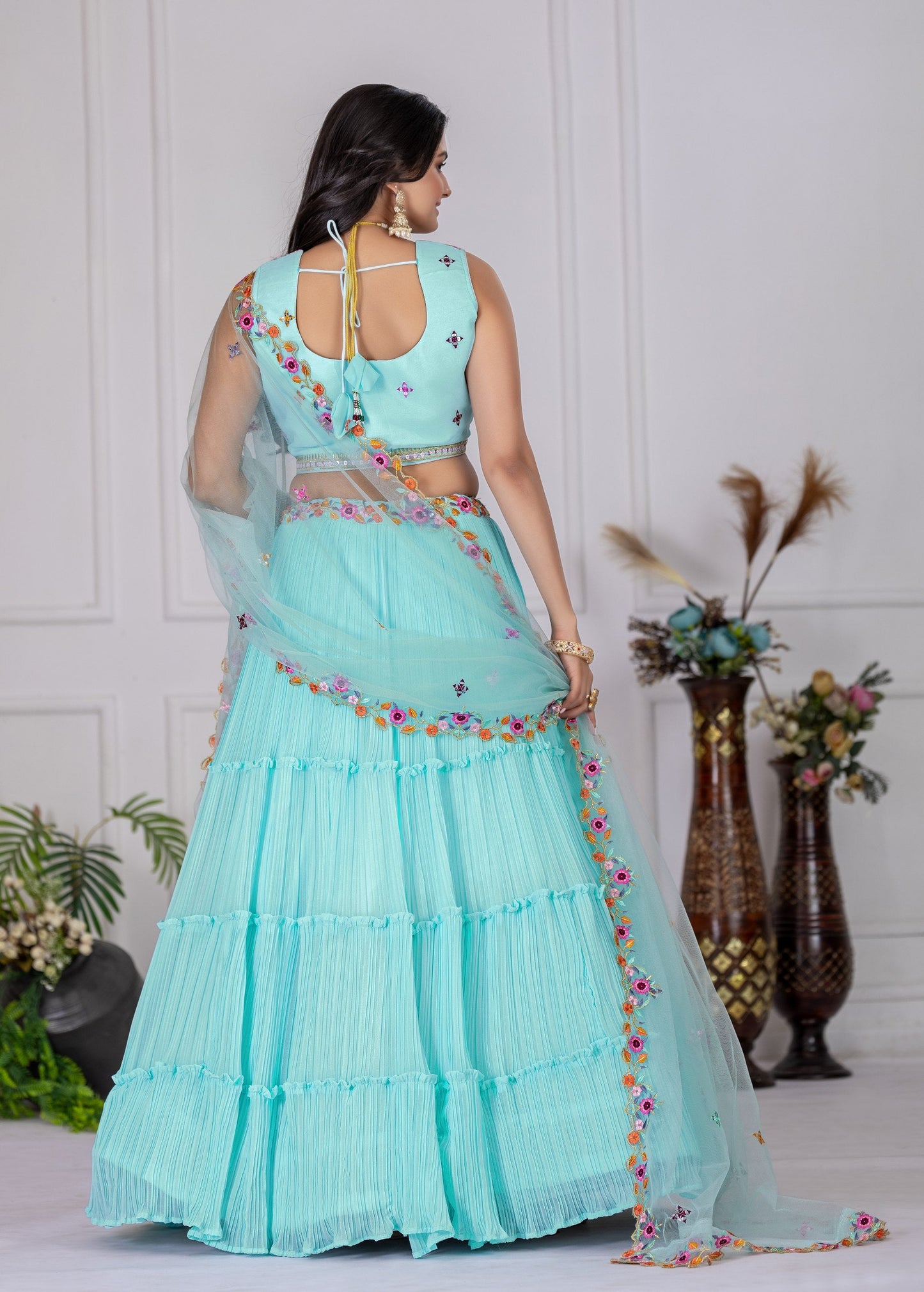 DEIANA'S Heavy Plain with crease work Lehenga Choli - Sky Blue - Swadesiicart