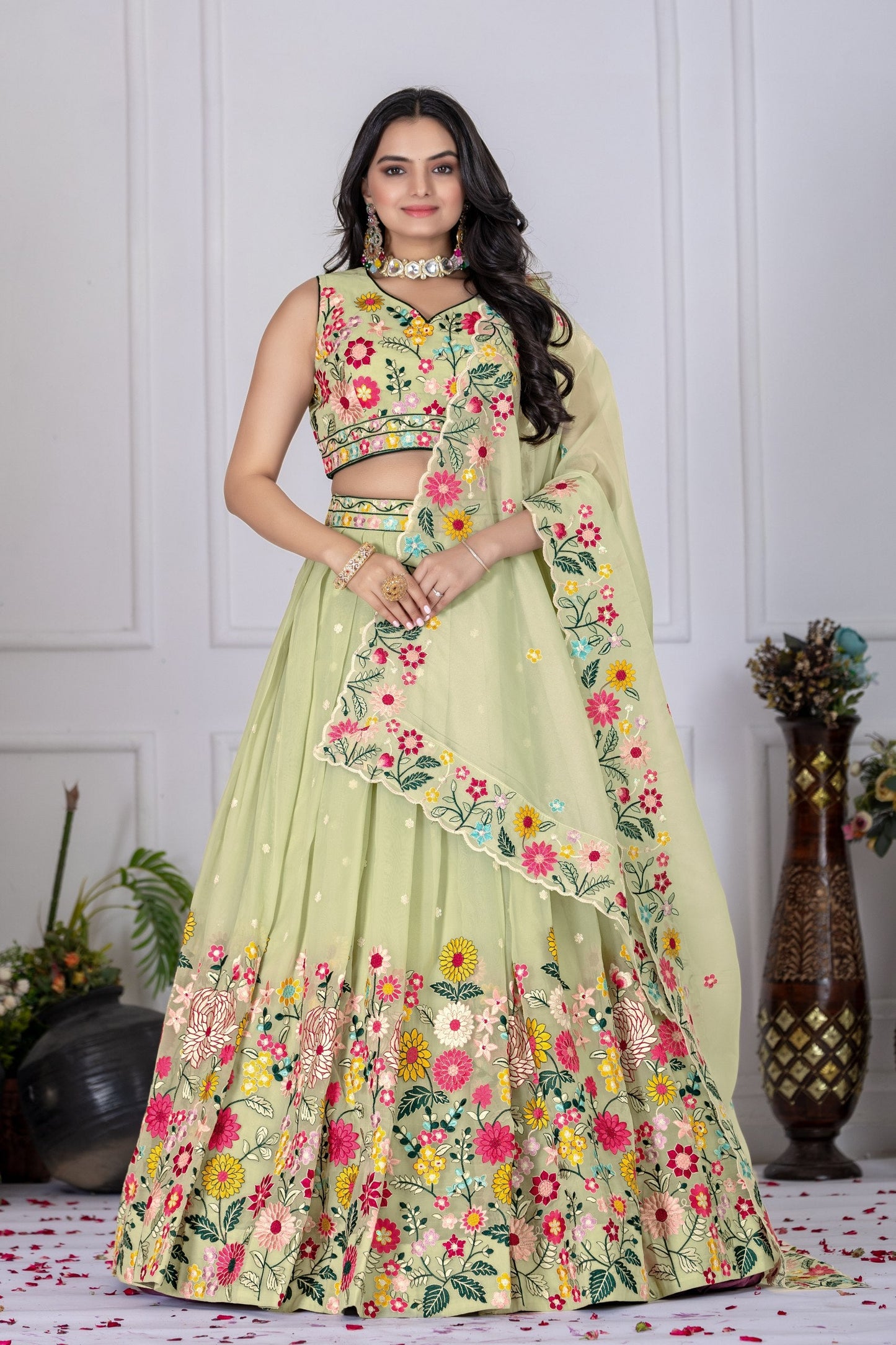 DEIANA'S Heavy Embroidery With Multi Work Lehenga Choli - Pastel Green - Swadesiicart