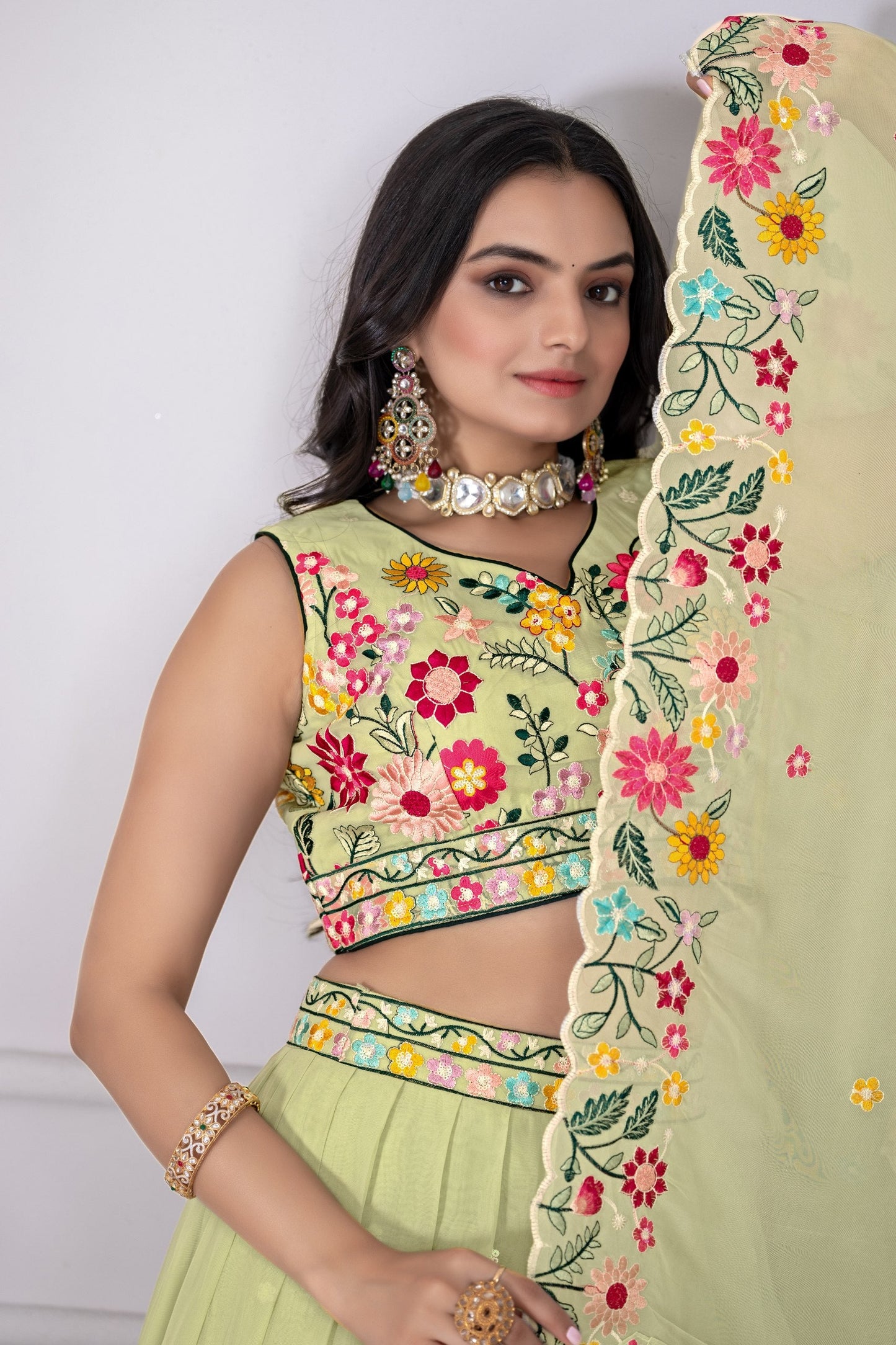 DEIANA'S Heavy Embroidery With Multi Work Lehenga Choli - Pastel Green - Swadesiicart