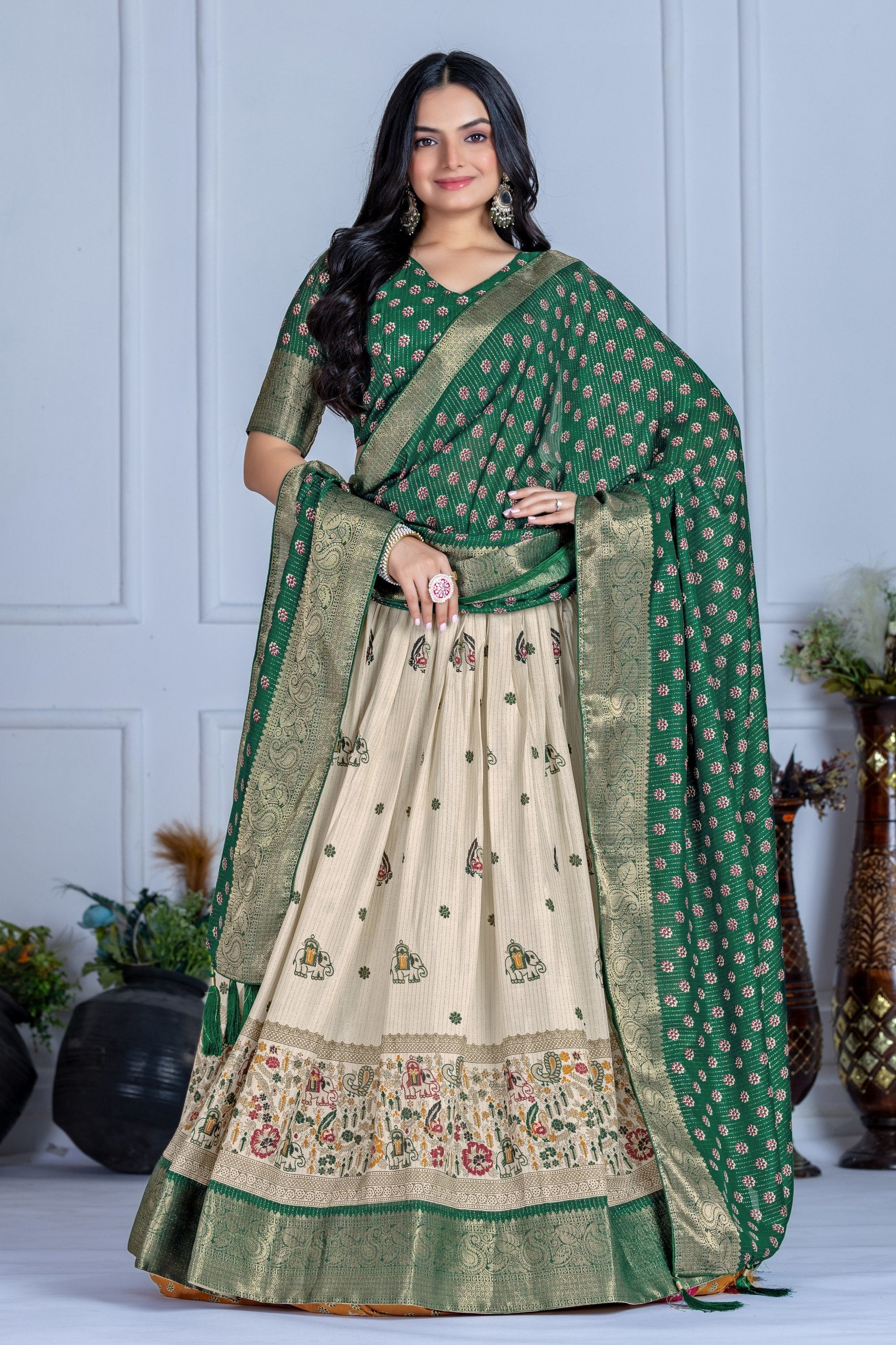 DEIANA'S Jacquard With Jari Print Weaving Lehenga Choli - Off White - Swadesiicart
