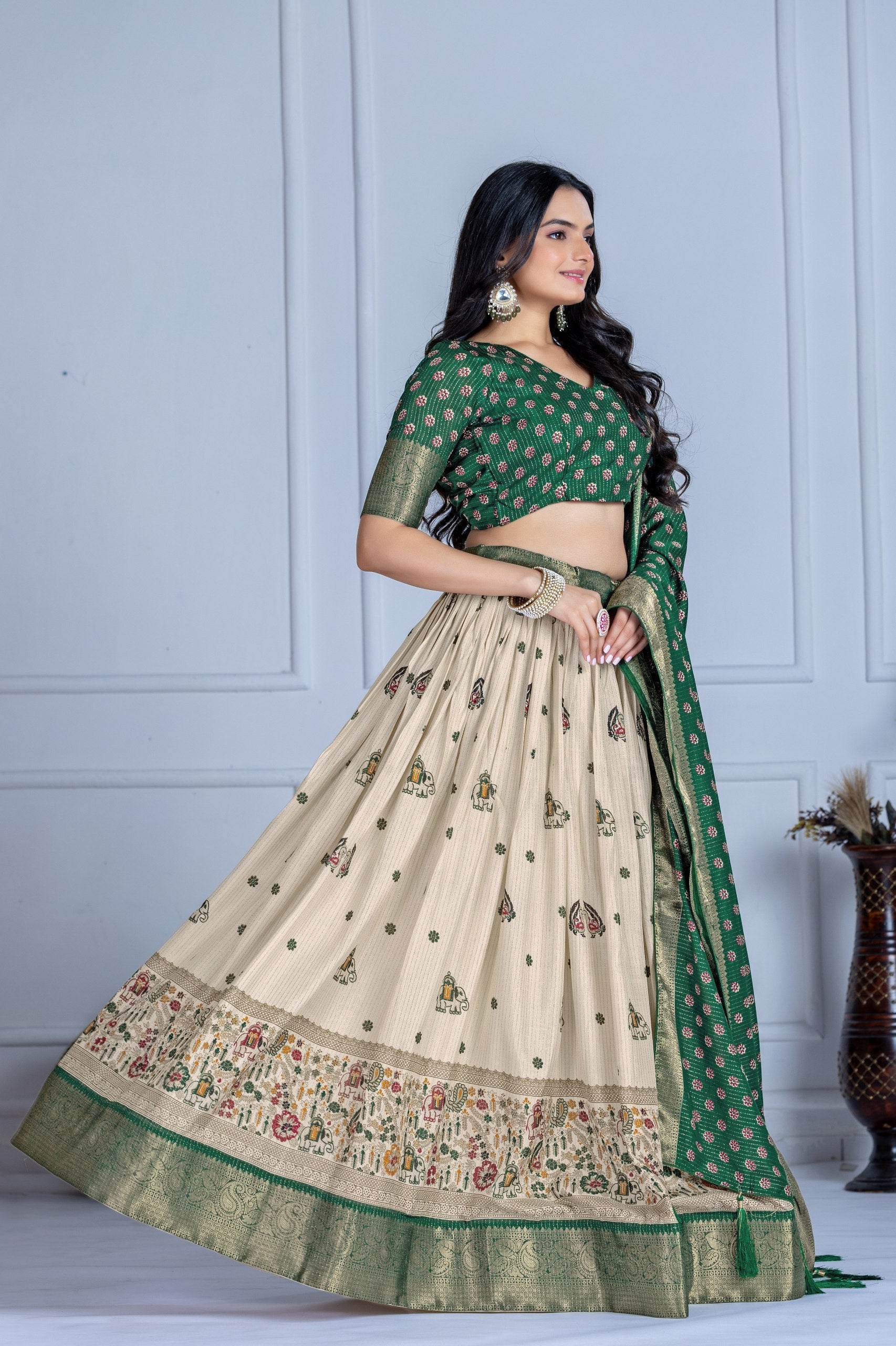 DEIANA'S Jacquard With Jari Print Weaving Lehenga Choli - Off White - Swadesiicart